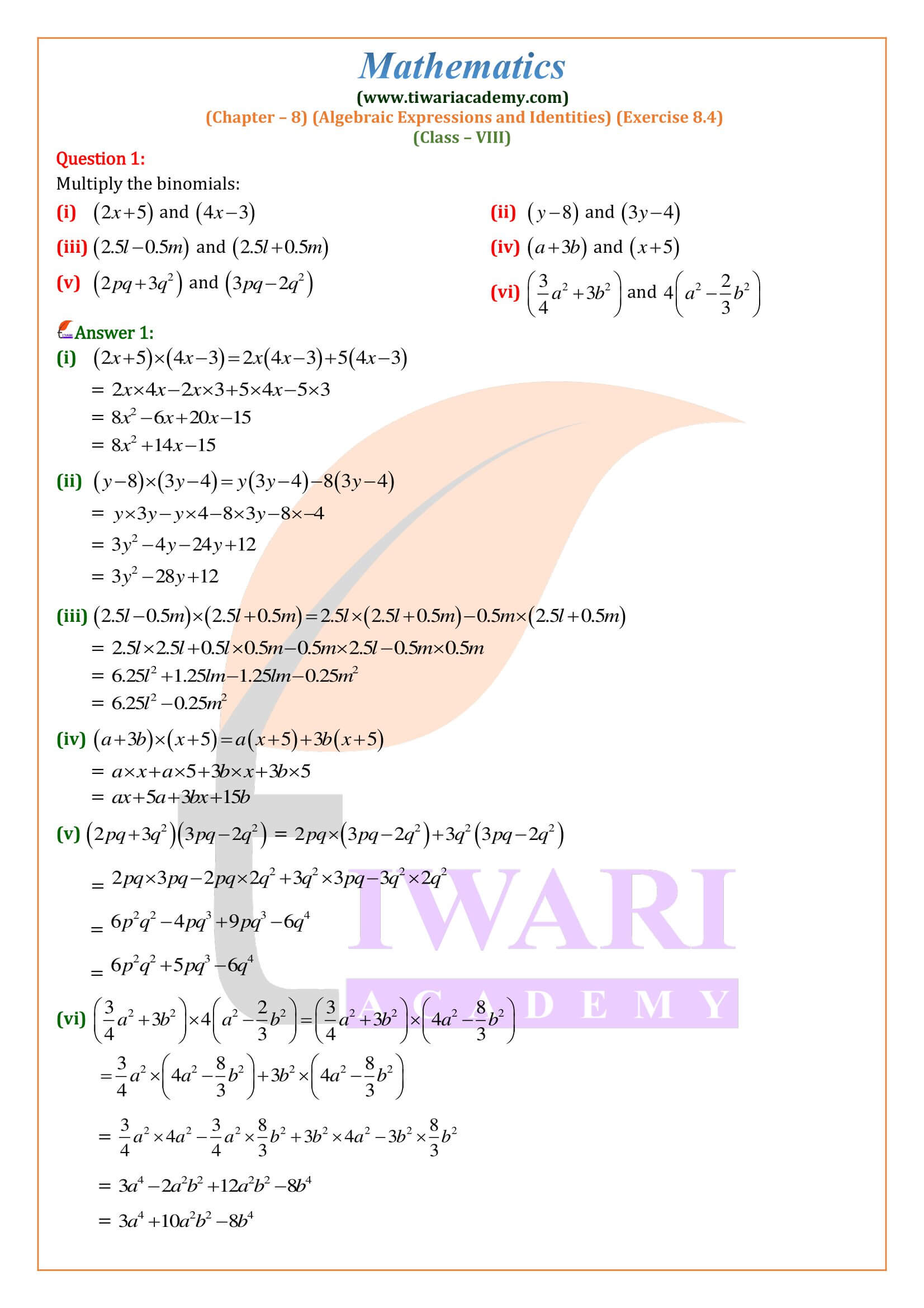 Class 8 Maths Exercise 8.4 solution in English Medium