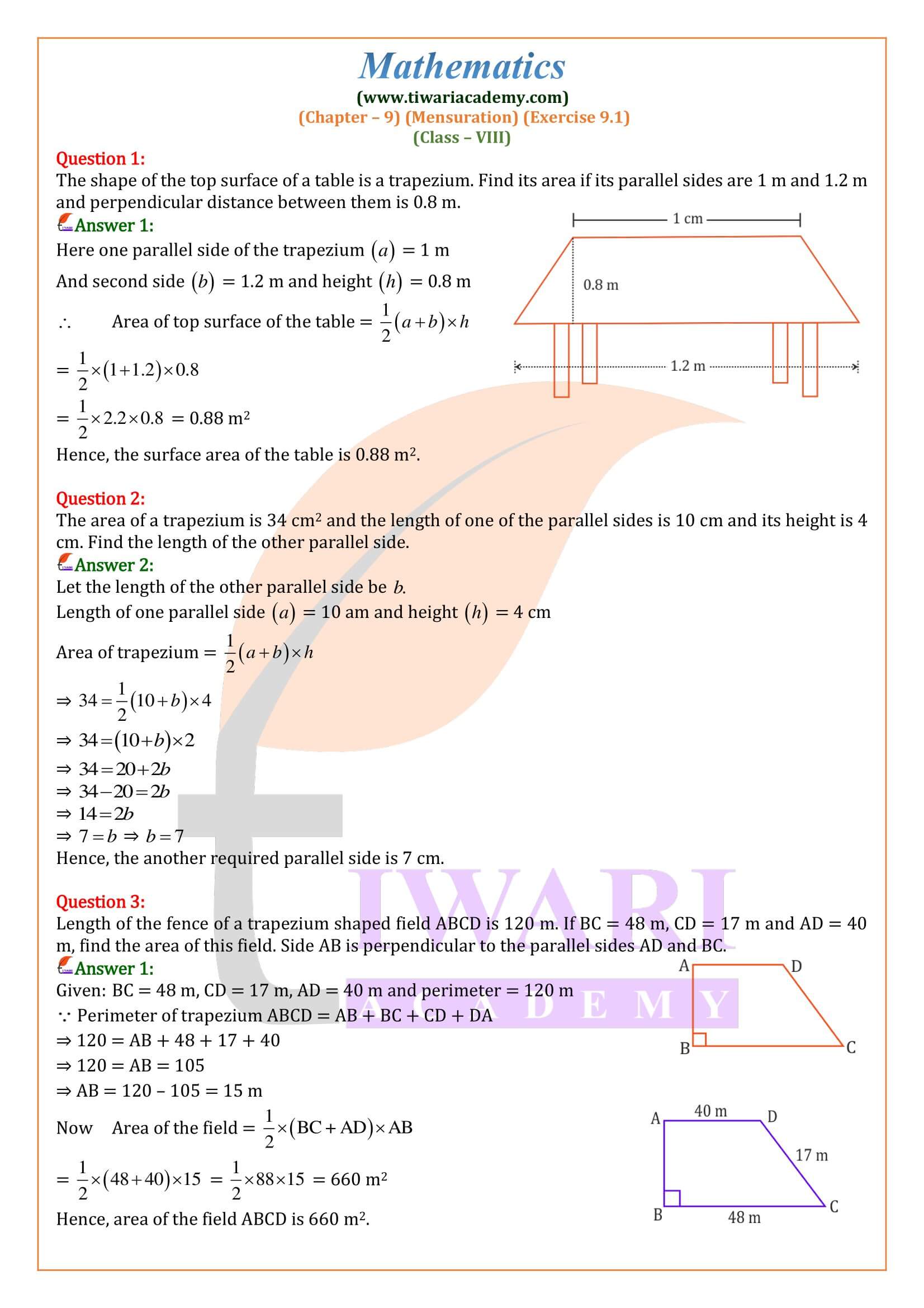 Class 8 Maths Exercise 9.1 solution in English Medium
