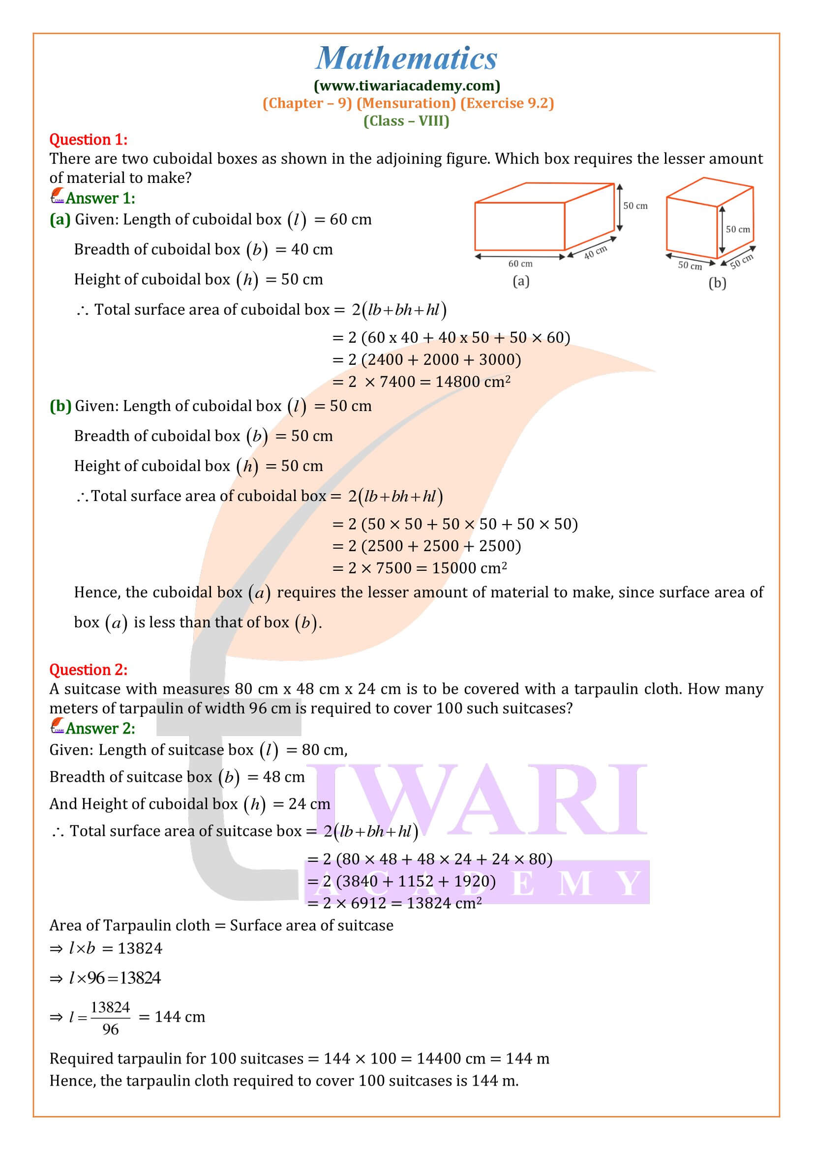 Class 8 Maths Exercise 9.2 solutions in English Medium