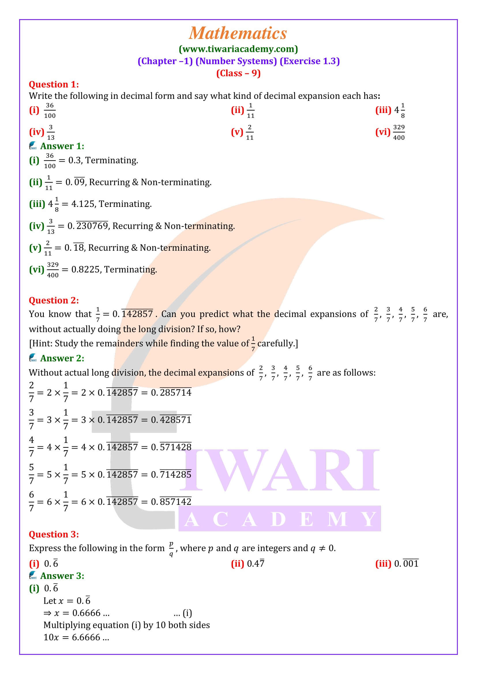 Class 9 Maths Exercise 1.3