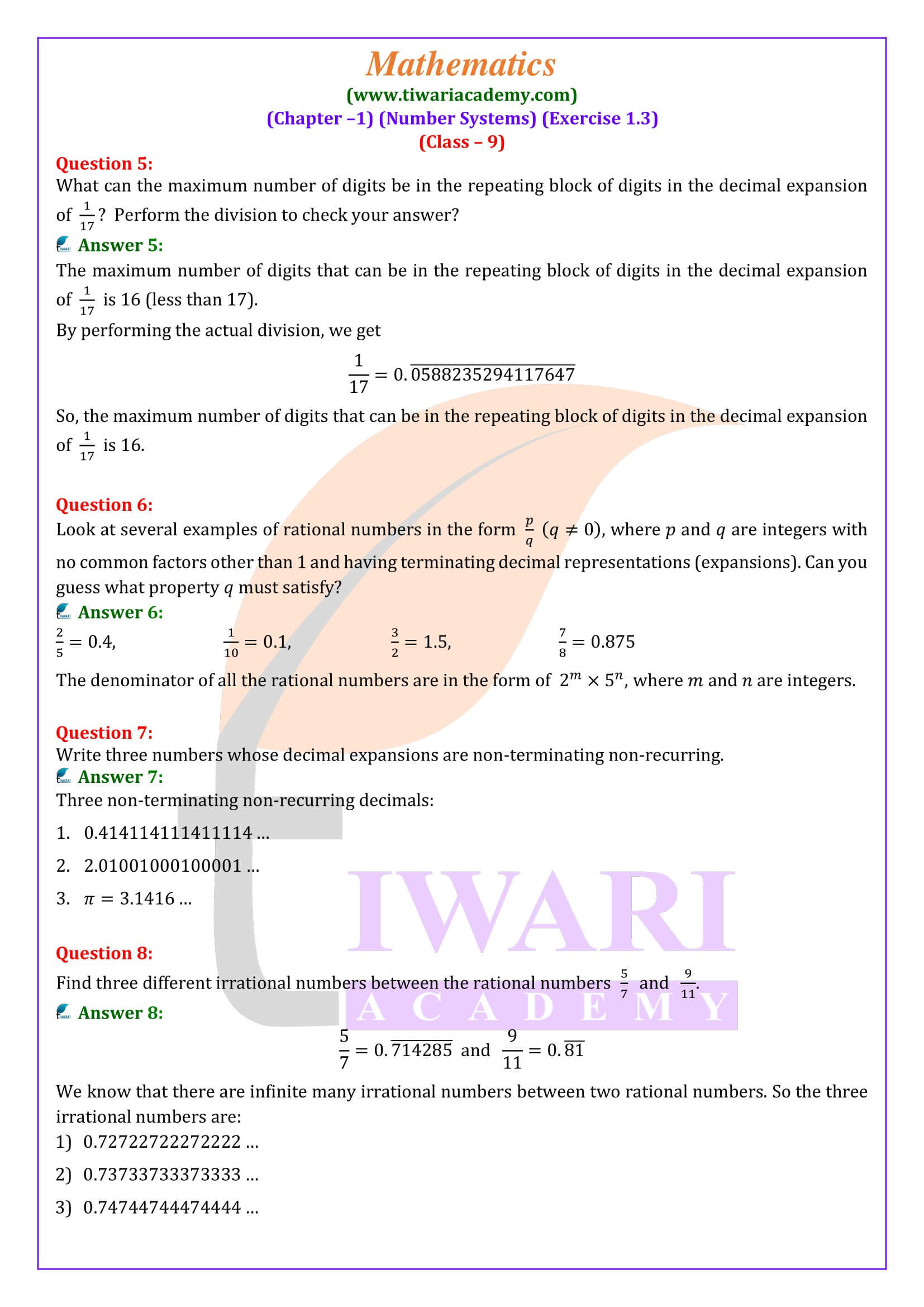 Class 9 Ex. 1.3 new book solutions