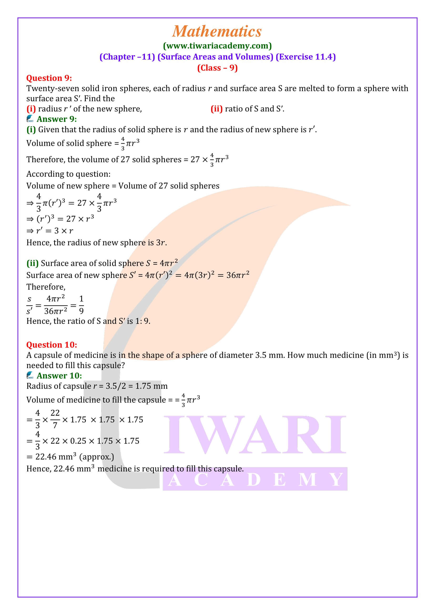 Class 9 Maths Exercise 11.4 in English Medium