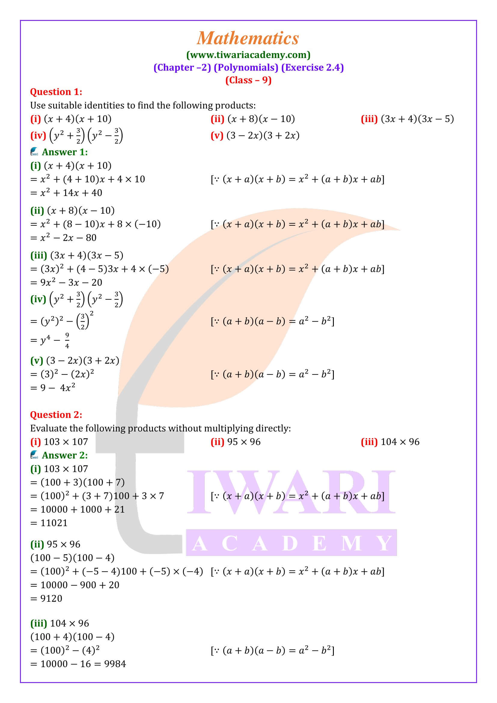 Class 9 Maths Exercise 2.4 solutions