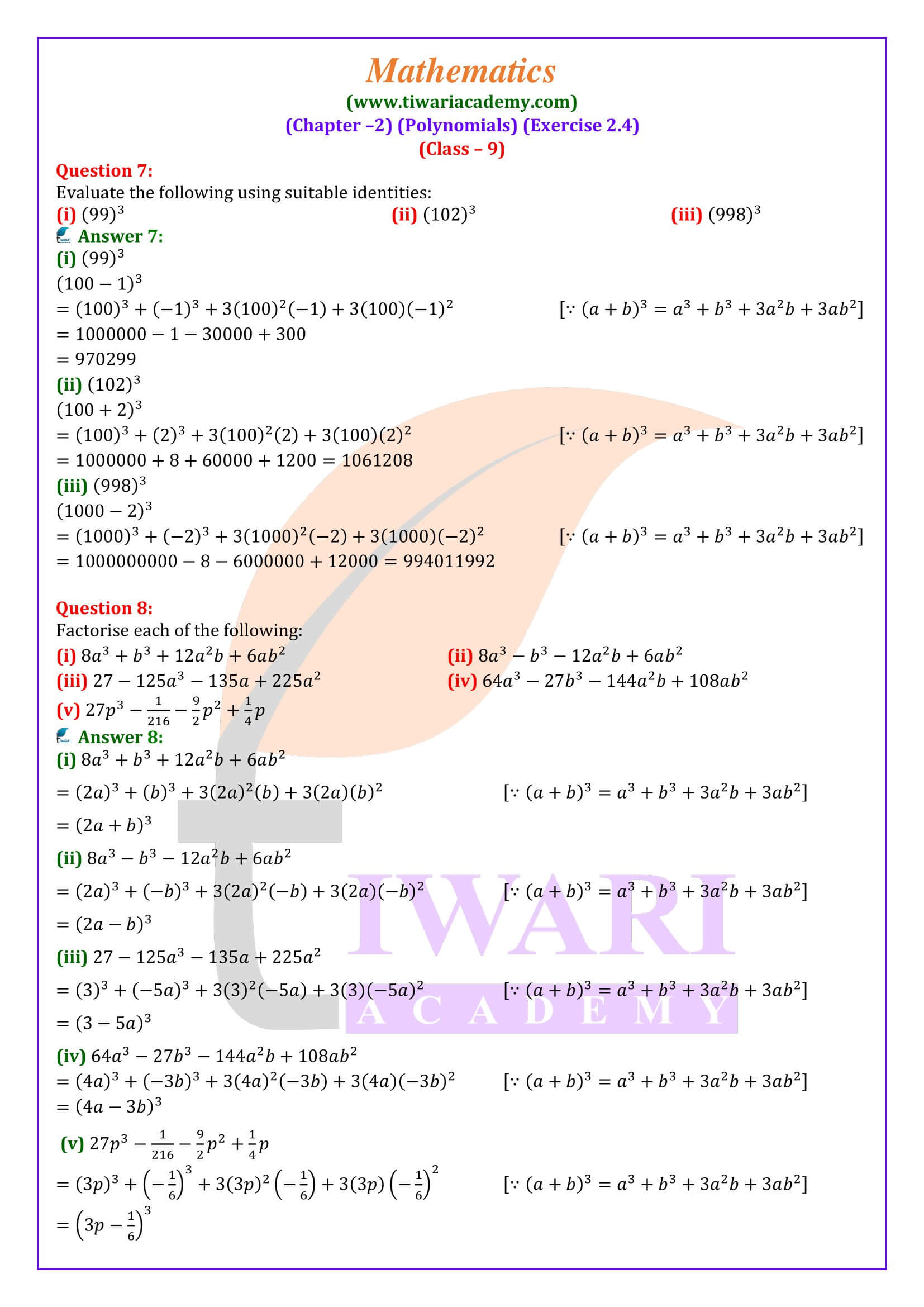 Class 9 Maths Exercise 2.4 solutions in English Medium