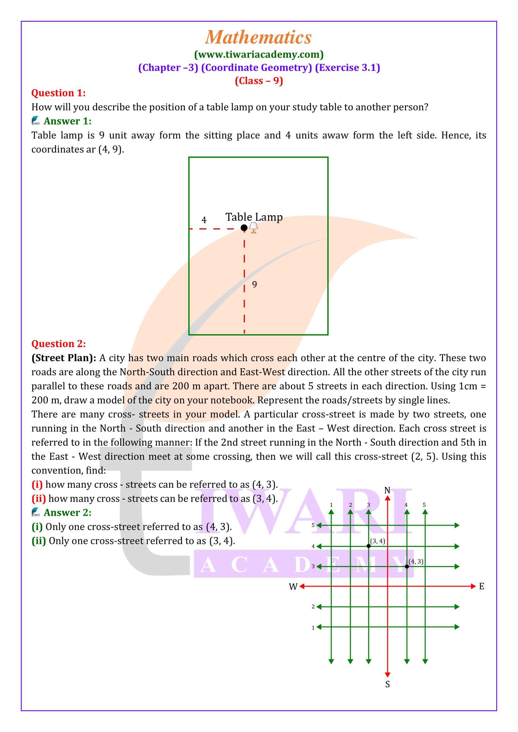 Class 9 Maths Exercise 3.1 solutions in English Medium