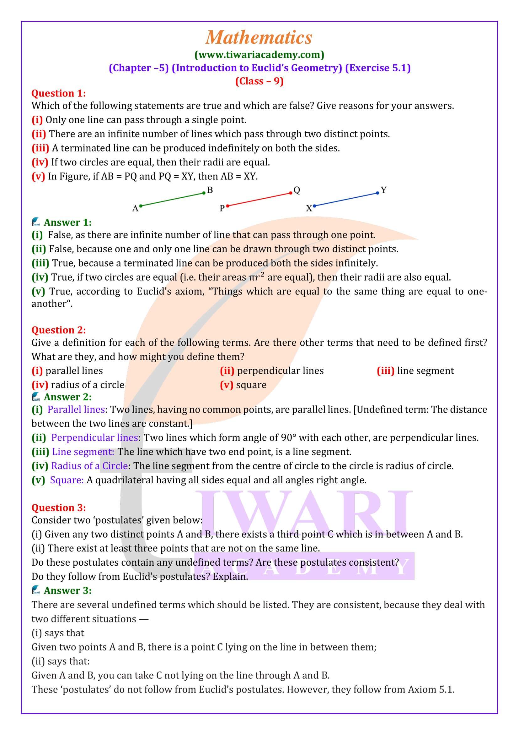 Class 9 Maths Exercise 5.1 solutions in English Medium