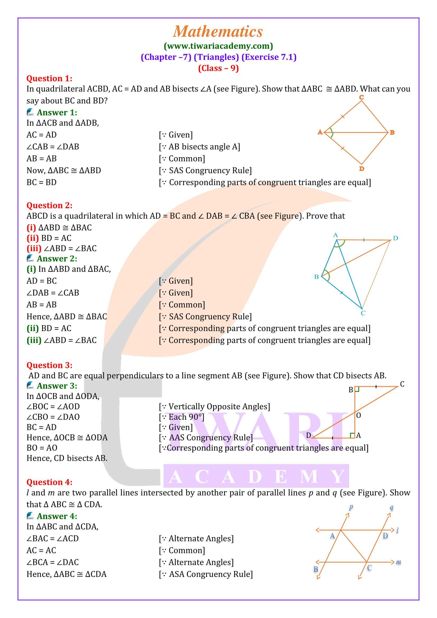 Class 9 Maths Exercise 7.1 solutions in English Medium