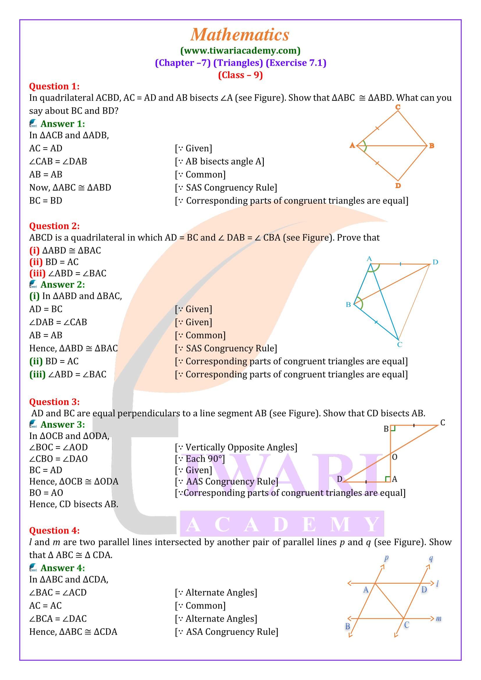 Class 9 Maths Exercise 7.1 solutions in English Medium