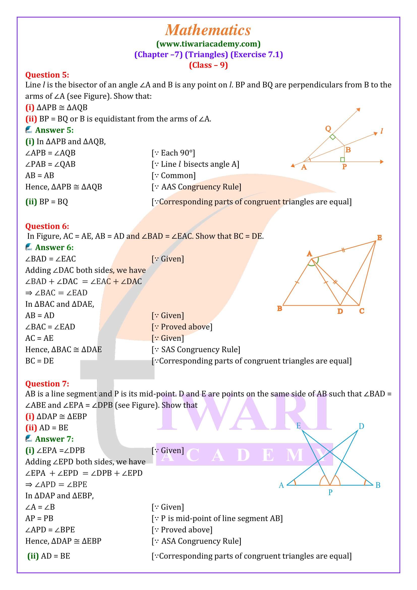 NCERT Solutions for Class 9 Maths Exercise 7.1 in English