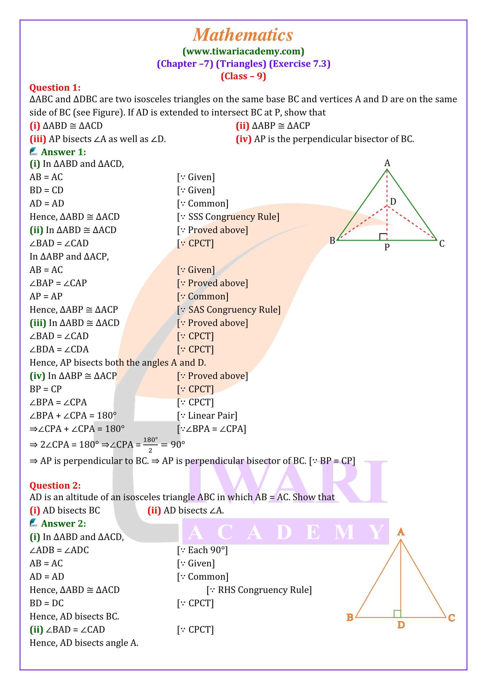 Class 9 Maths Exercise 7.3 in english Medium