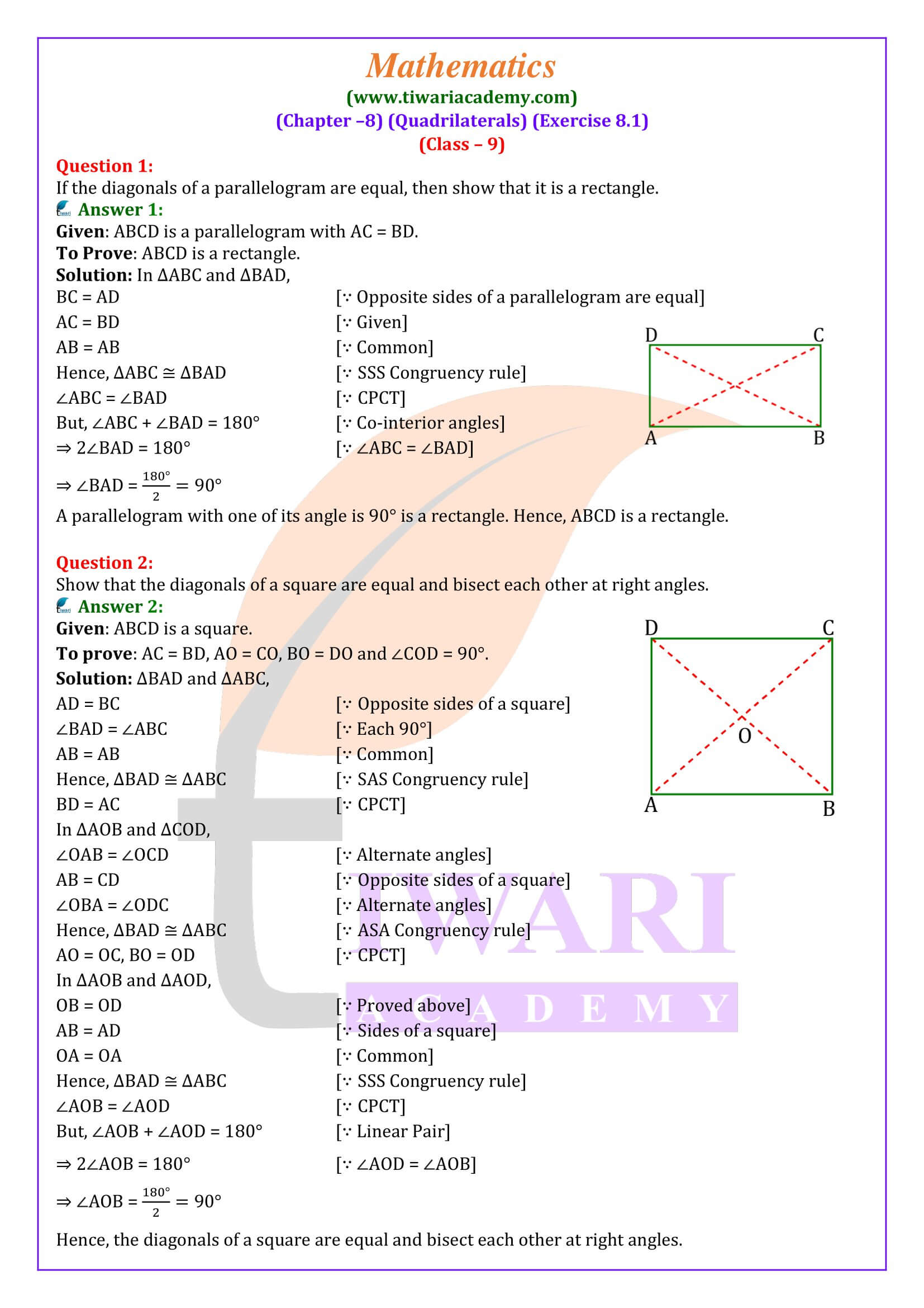 Class 9 Maths Exercise 8.1 in English Medium