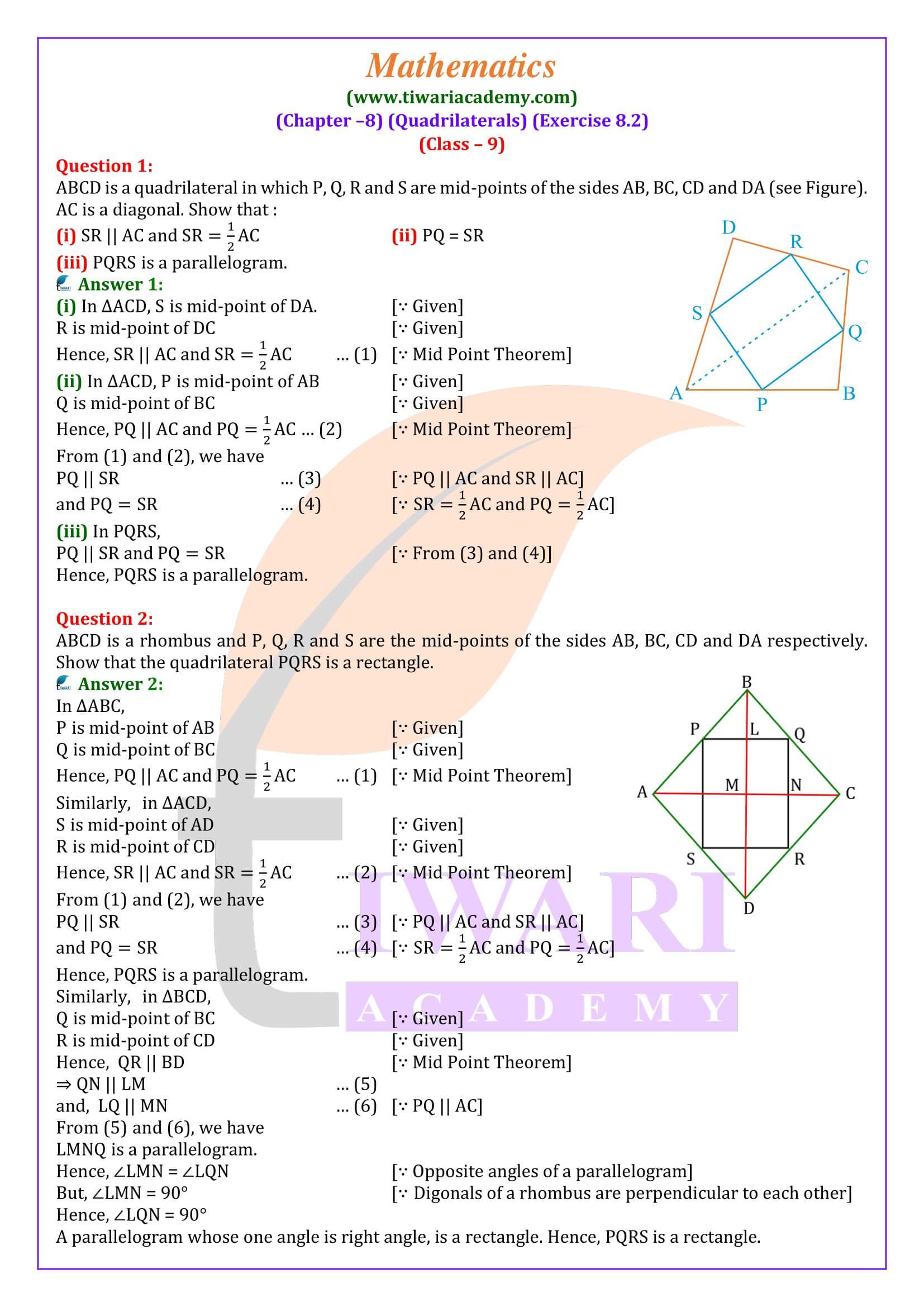 Class 9 Maths Exercise 8.2 solutions in English Medium
