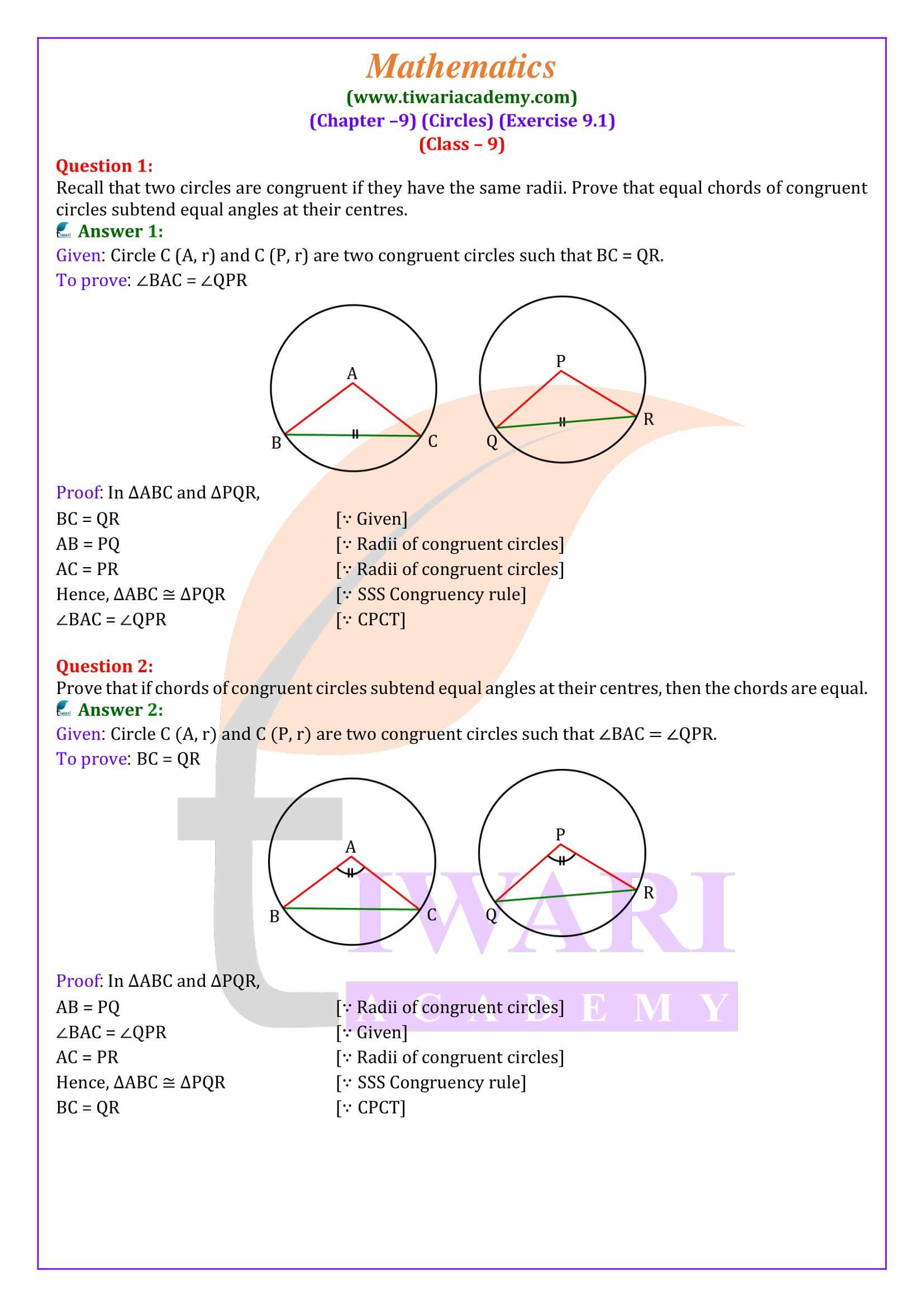 Class 9 Maths Exercise 9.1 in English medium