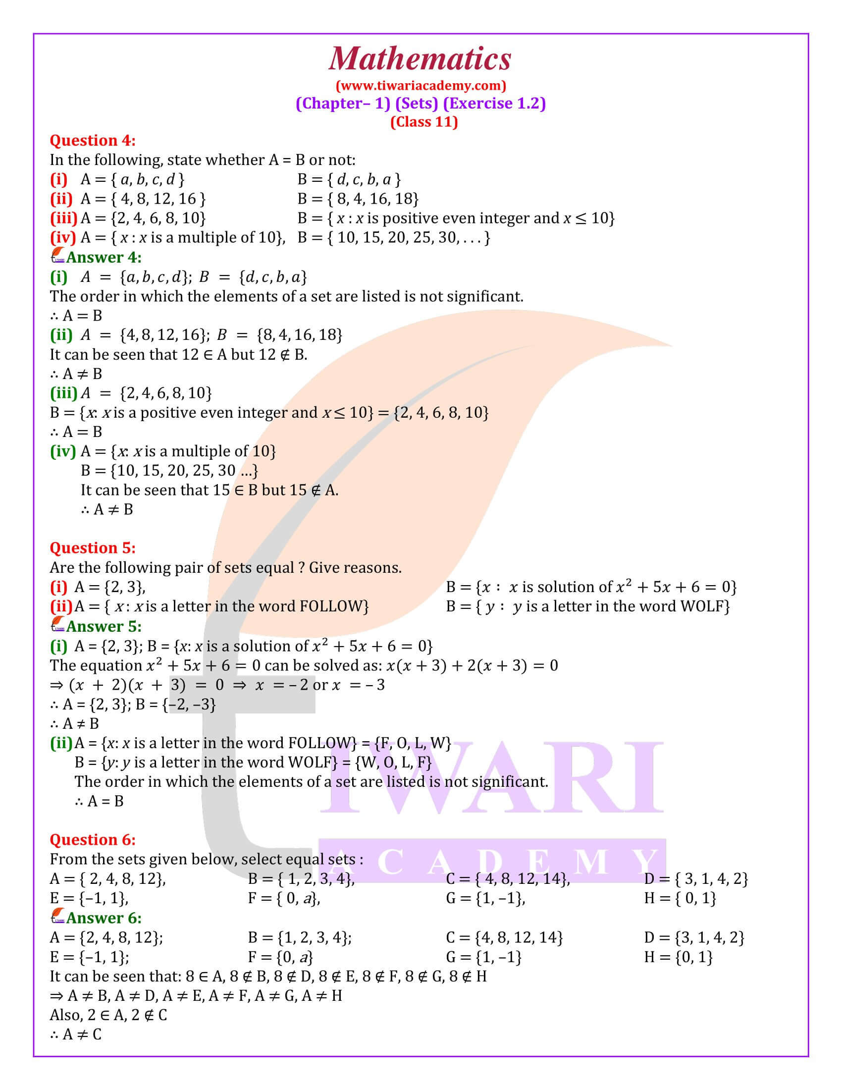 Class 11 Maths Chapter 1 Exercise 1.2 in English Medium