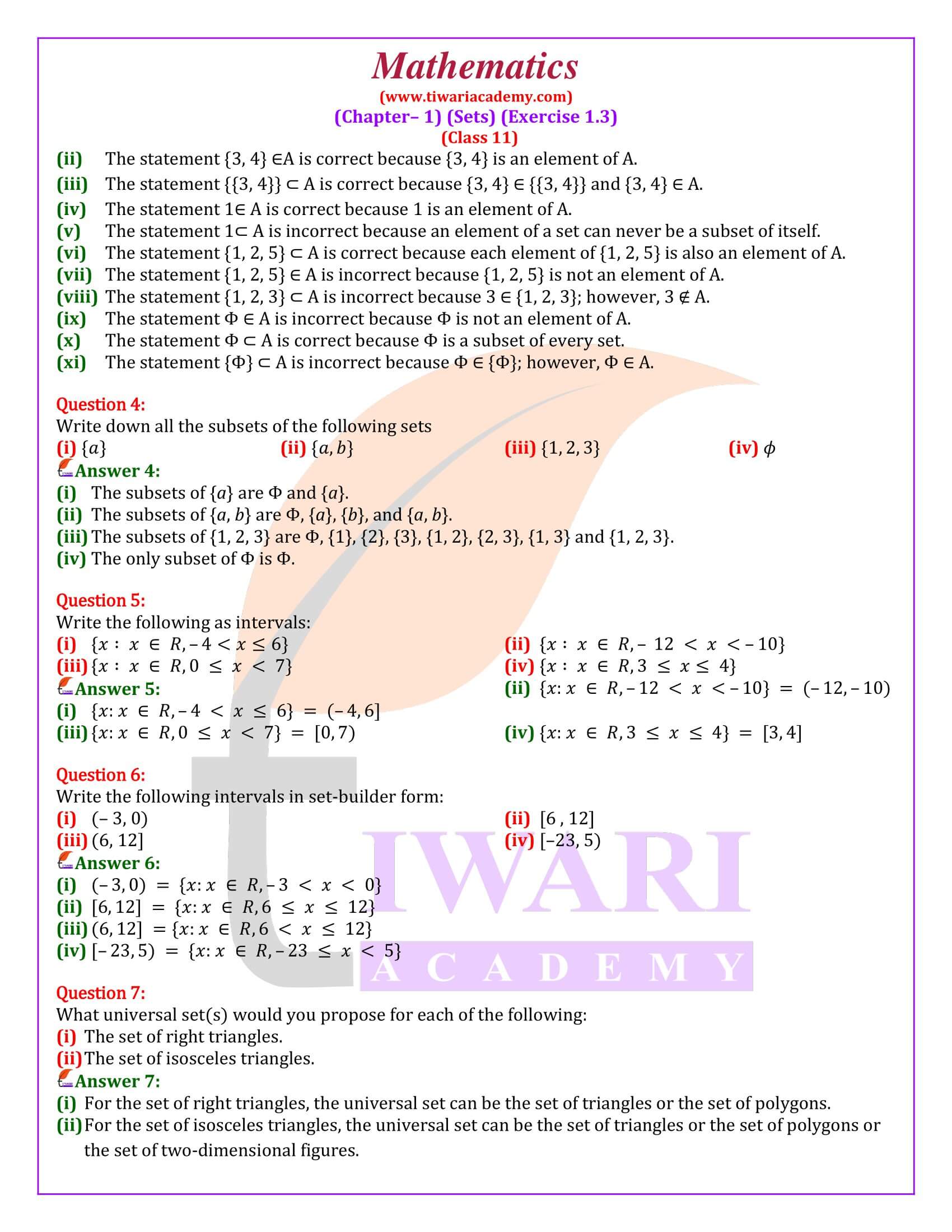 Class 11 Maths Chapter 1 Exercise 1.3 solutions in English Medium