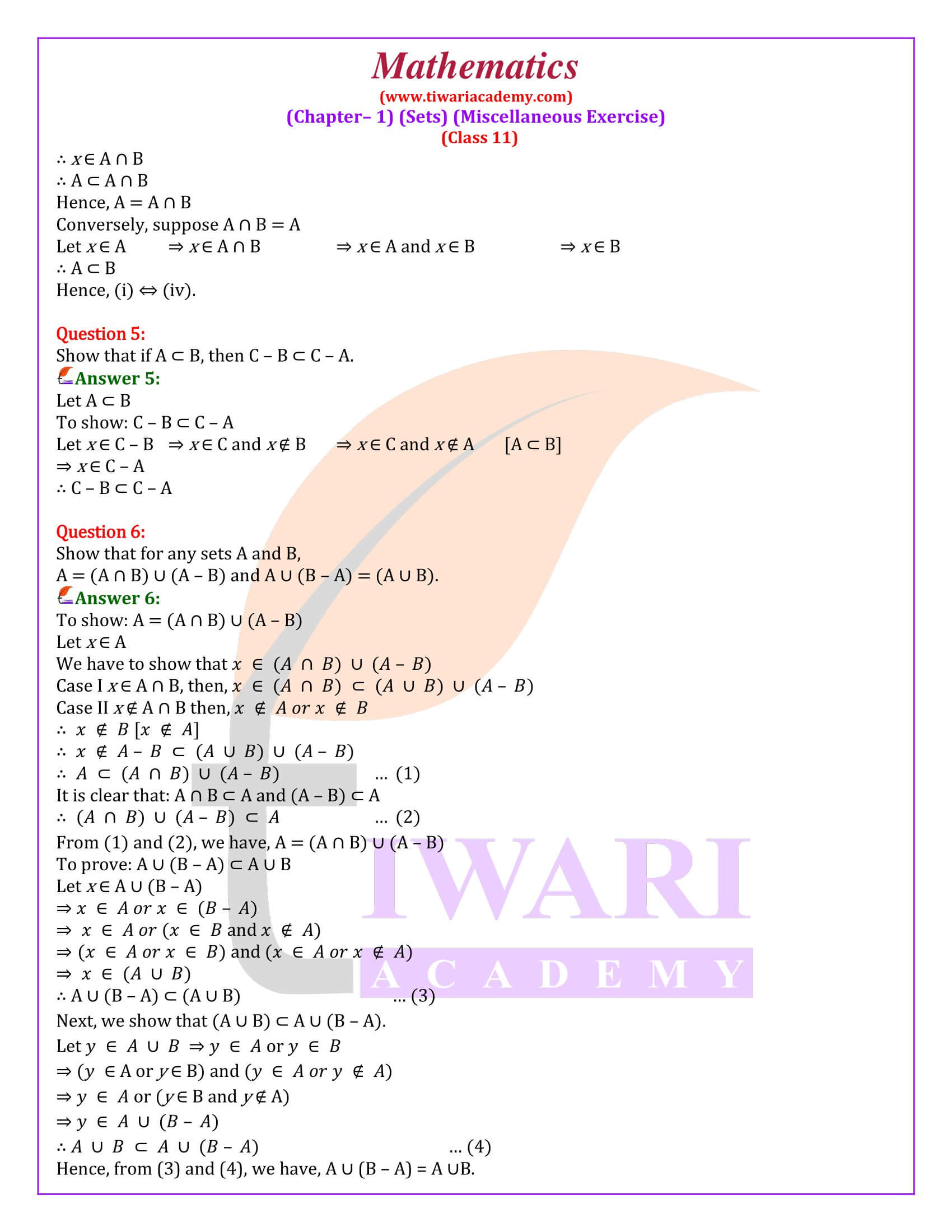 NCERT Solutions Class 11 Maths Chapter 1 Miscellaneous Question Answers