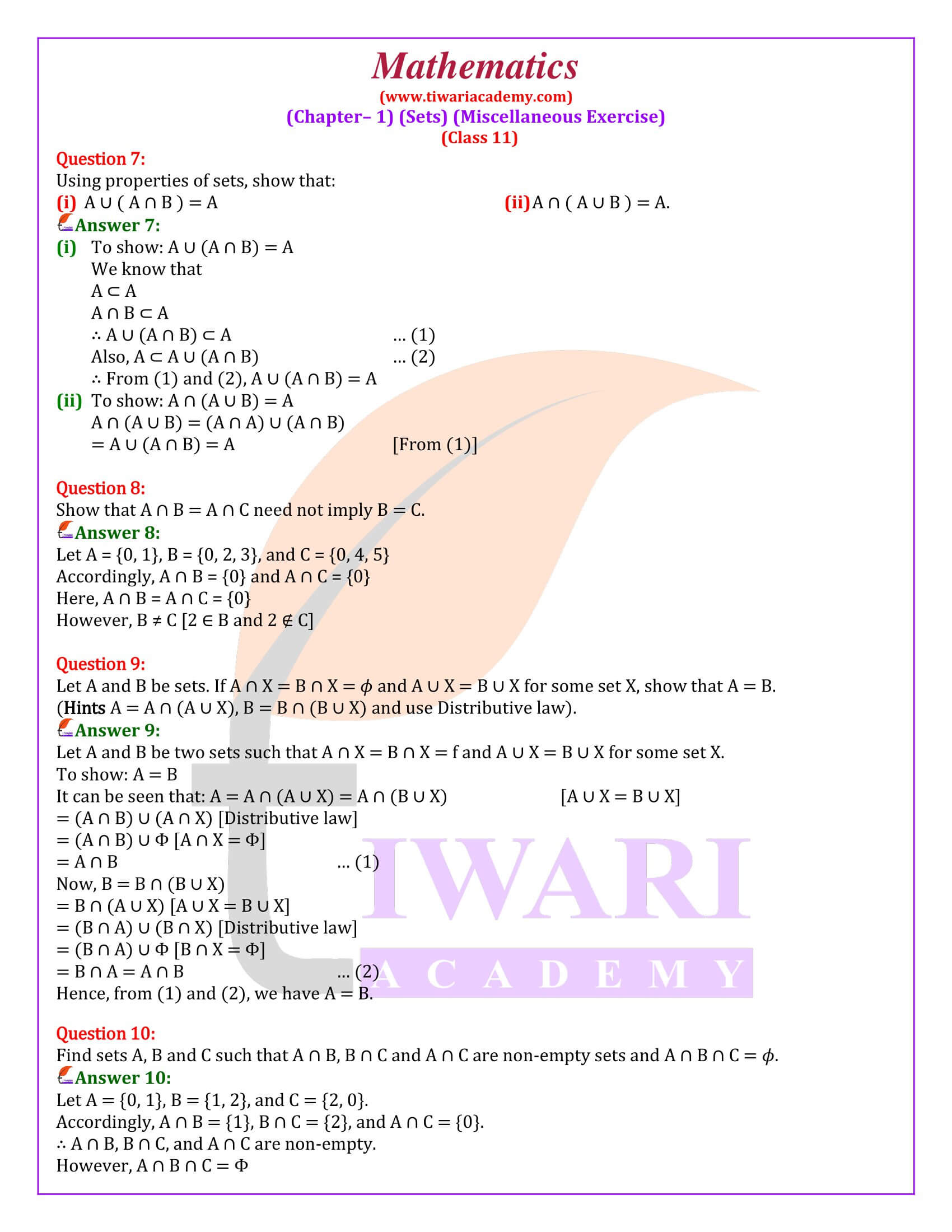 NCERT Solutions Class 11 Maths Chapter 1 Miscellaneous Explanation