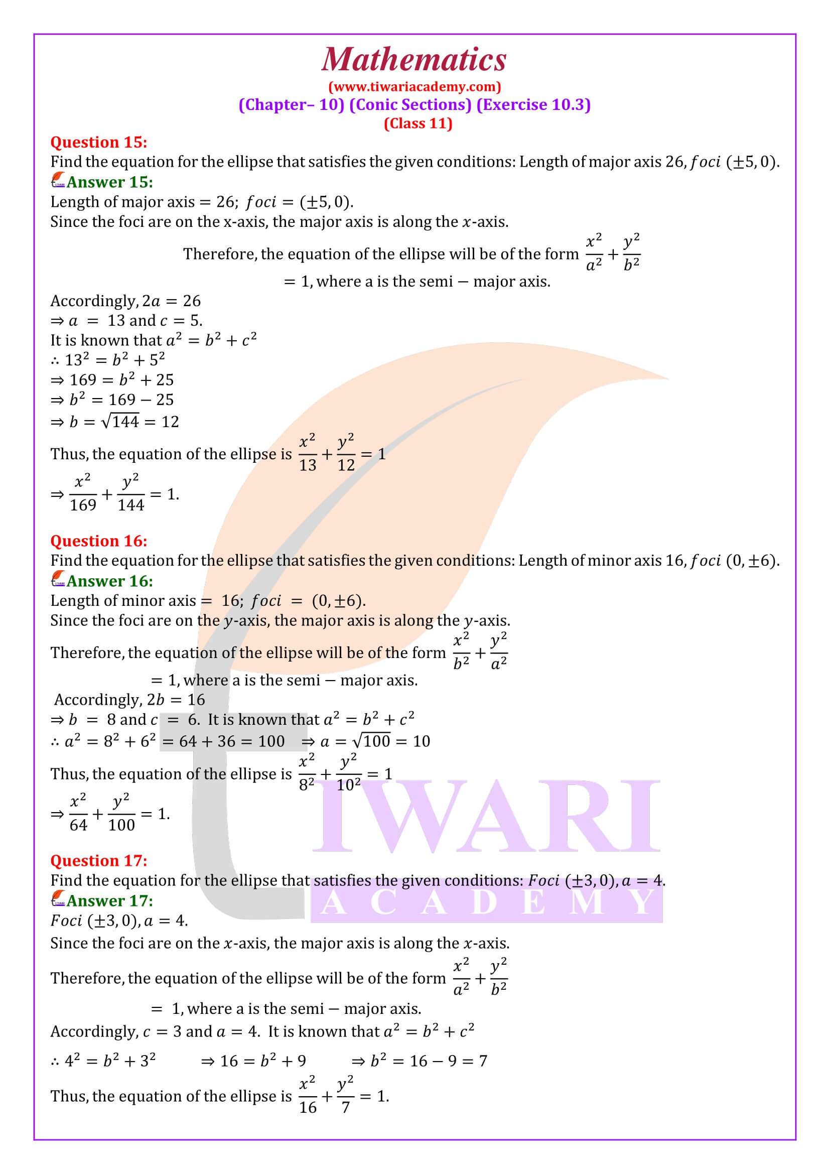 Class 11 Maths Exercise 10.3 solutions answers