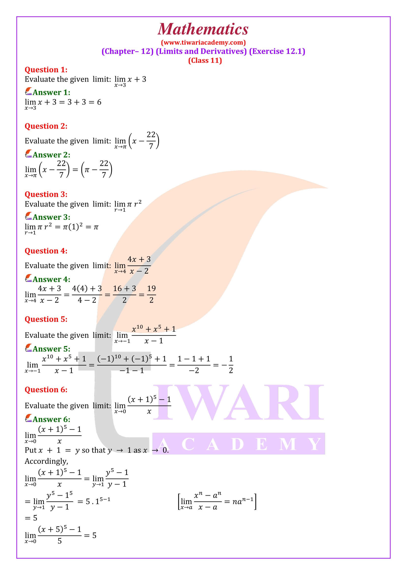 NCERT Solutions for Class 11 Maths Chapter 12 Exercise 12.1 in English Medium