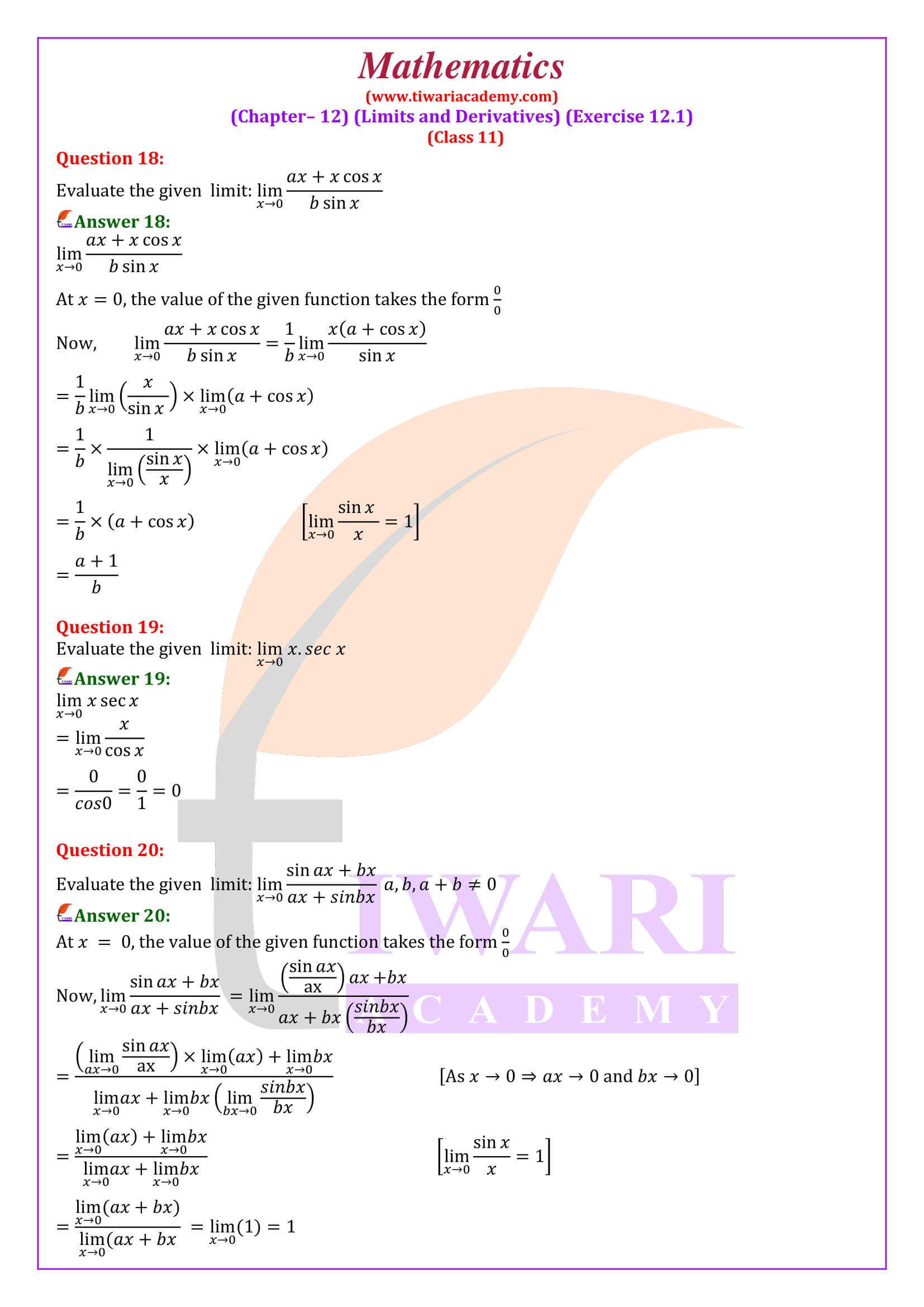 Class 11 Maths Chapter 12 Exercise 12.1 in English