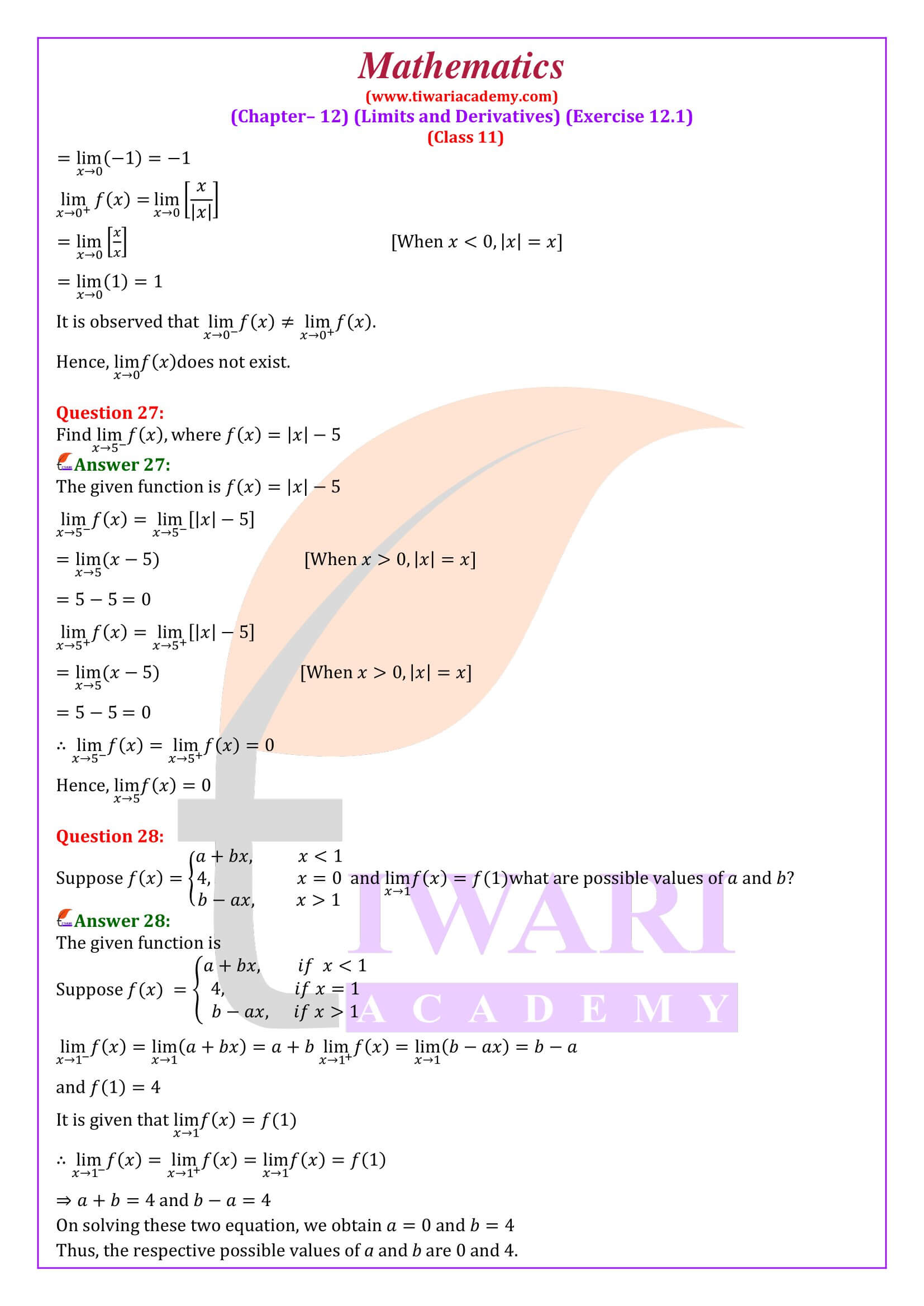 Class 11 Maths Exercise 12.1 solutions