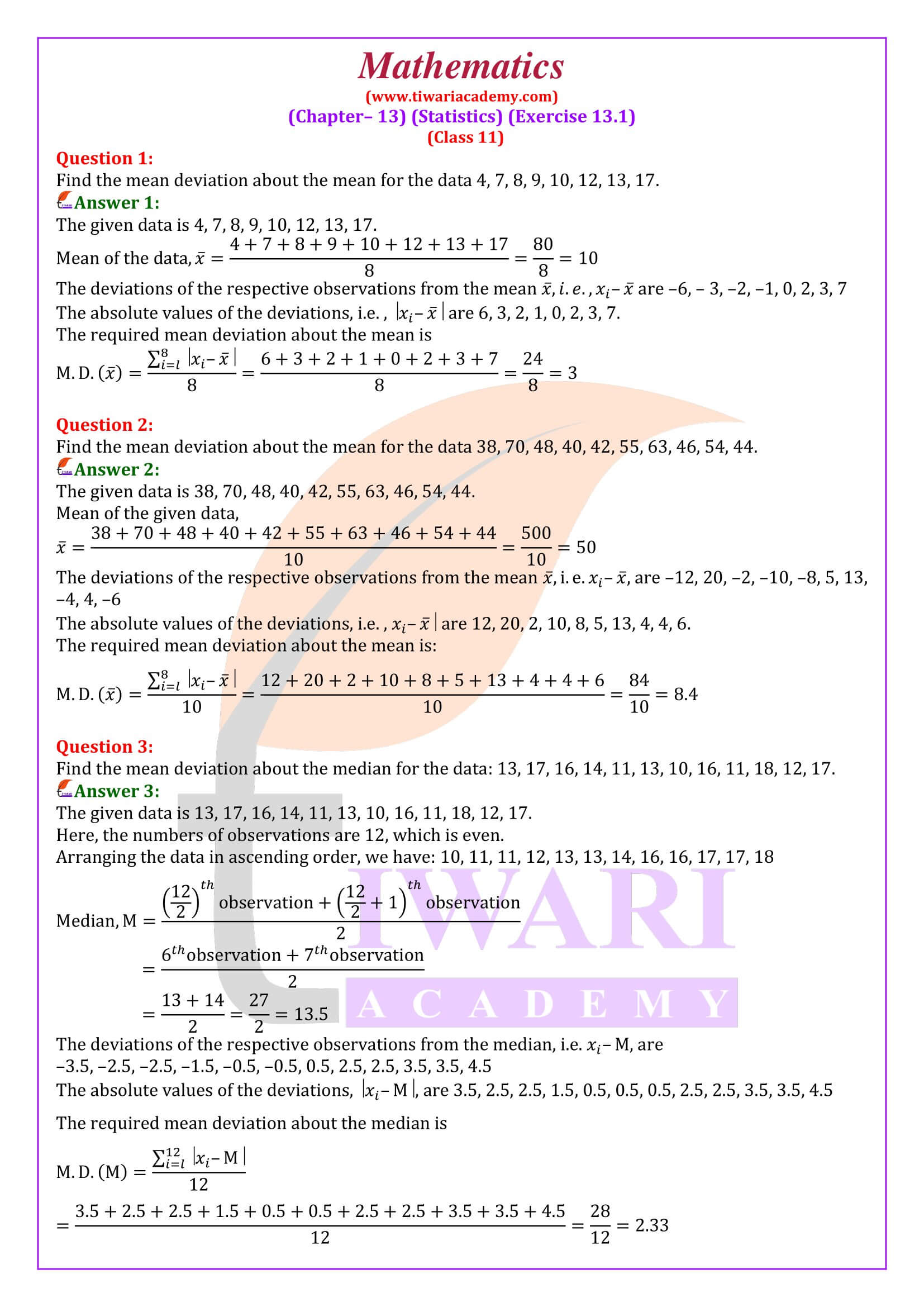 NCERT Solutions for Class 11 Maths Chapter 13 Exercise 13.1 in English Medium