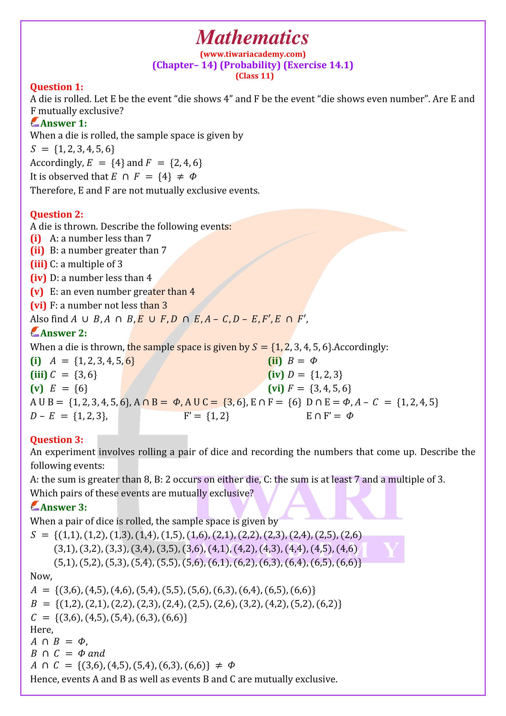 NCERT Solutions for Class 11 Maths Chapter 14 Exercise 14.1 in English Medium