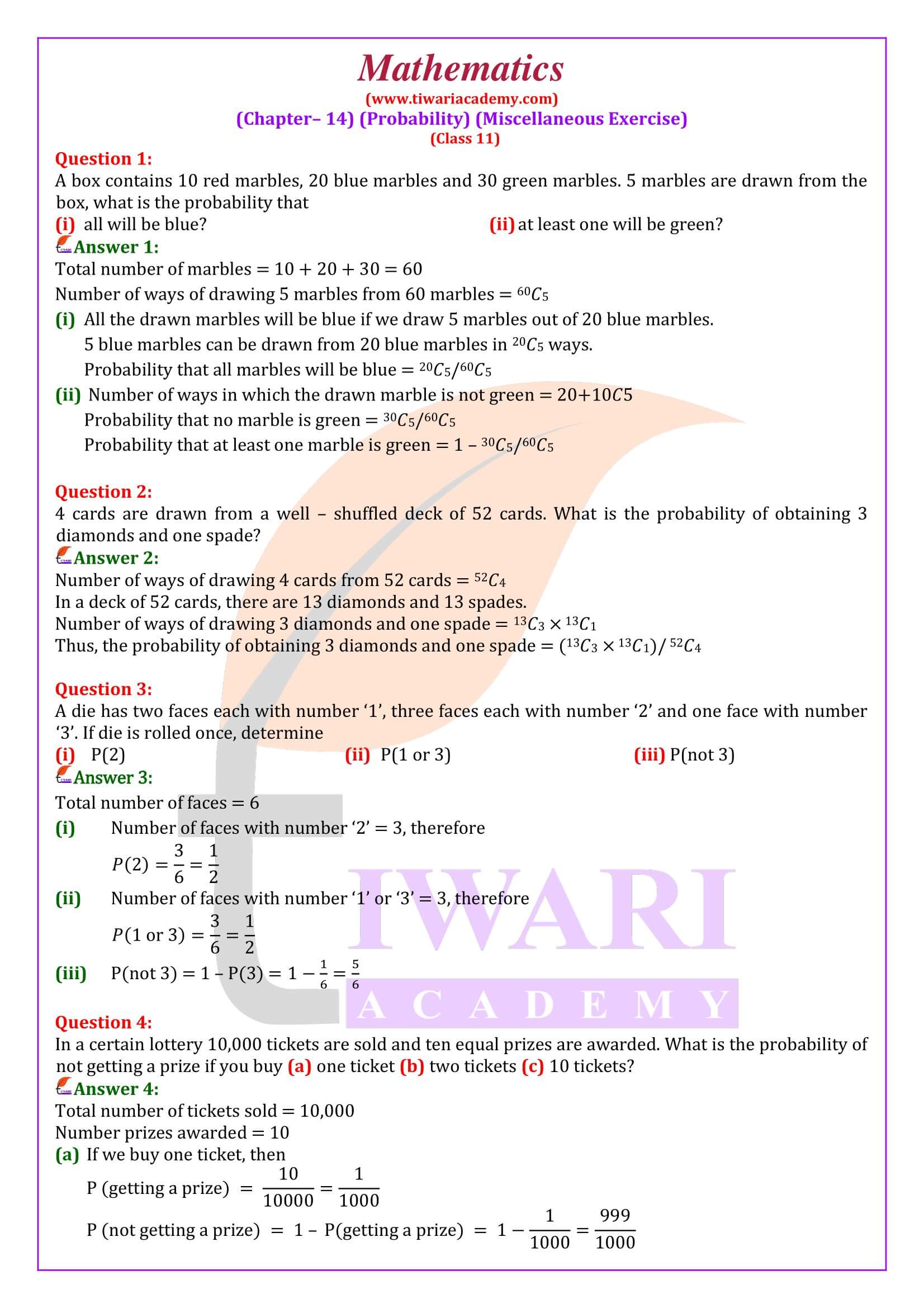 NCERT Solutions Class 11 Maths Chapter 14 Miscellaneous Exercise in English medium