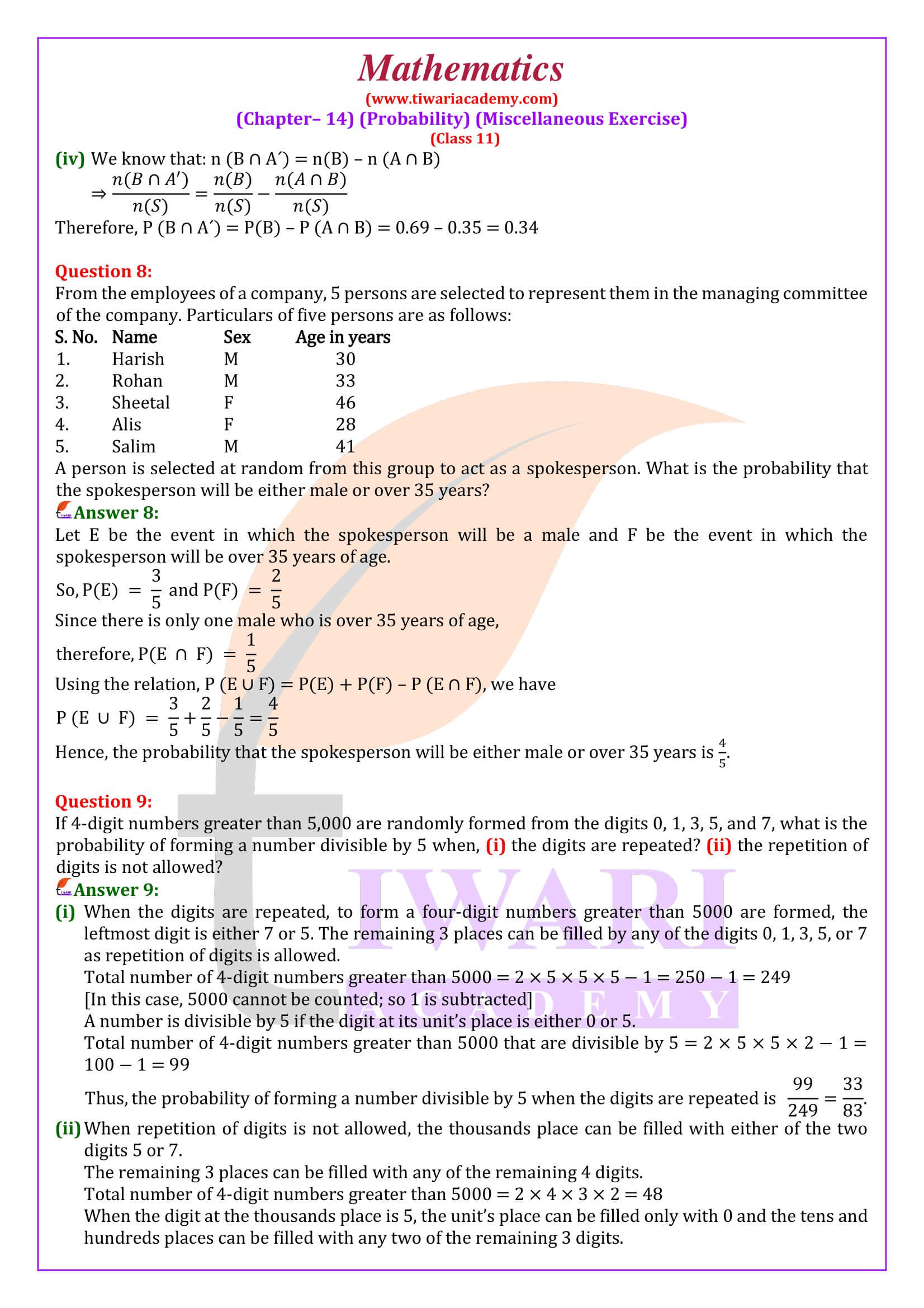 Class 11 Maths Chapter 14 Miscellaneous Exercise Solutions