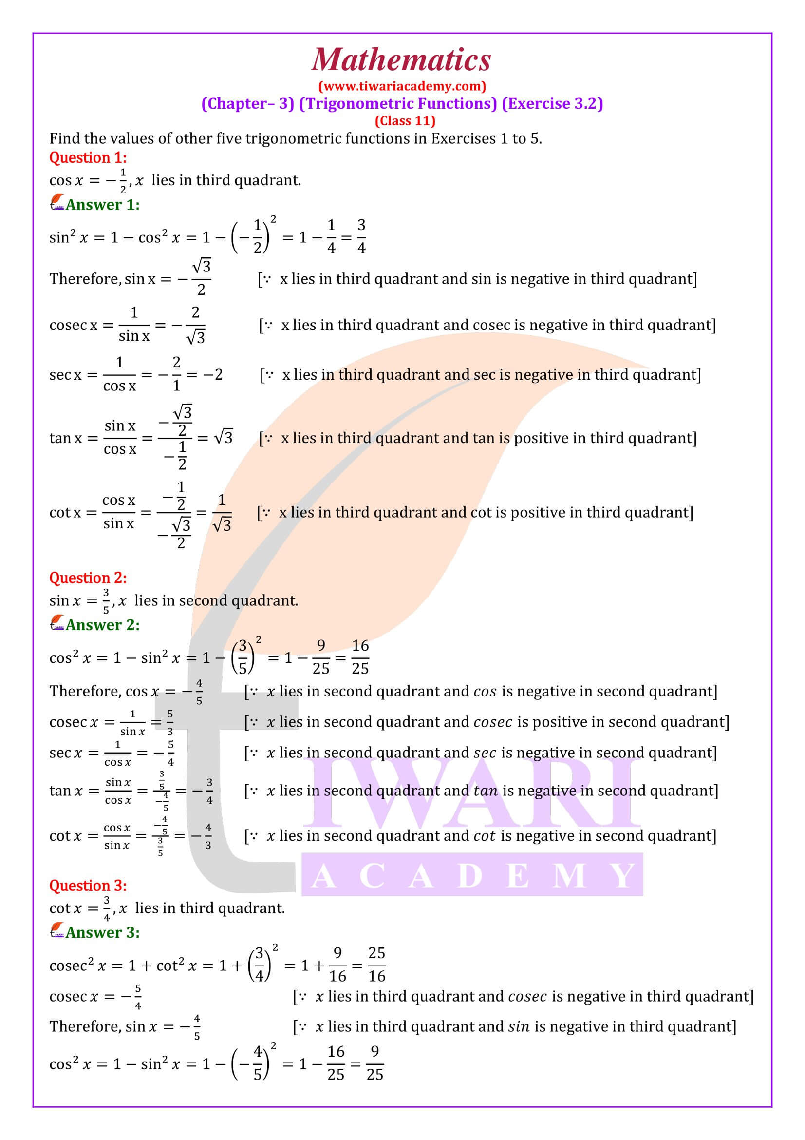 NCERT Solutions for Class 11 Maths Chapter 3 Exercise 3.2 in English Medium