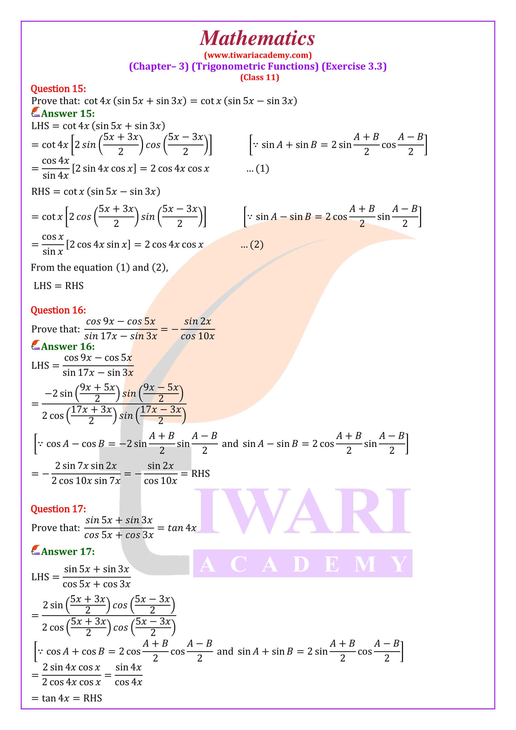 Class 11 Maths Chapter 3 Exercise 3.3 solutions