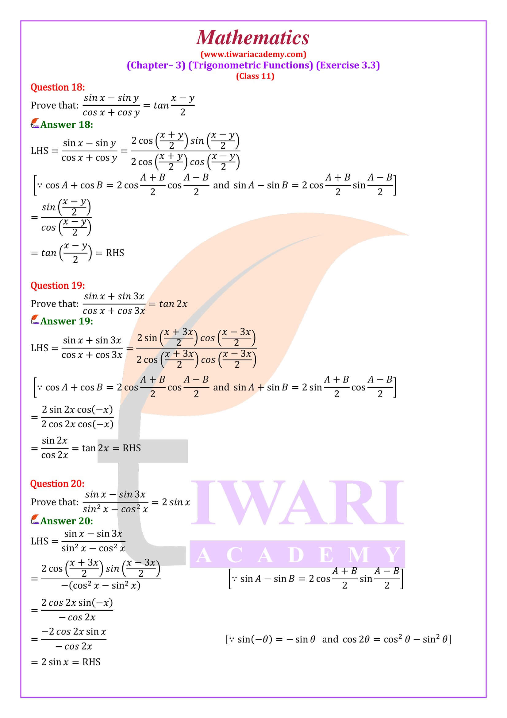 Class 11 Maths Chapter 3 Exercise 3.3 Question answers