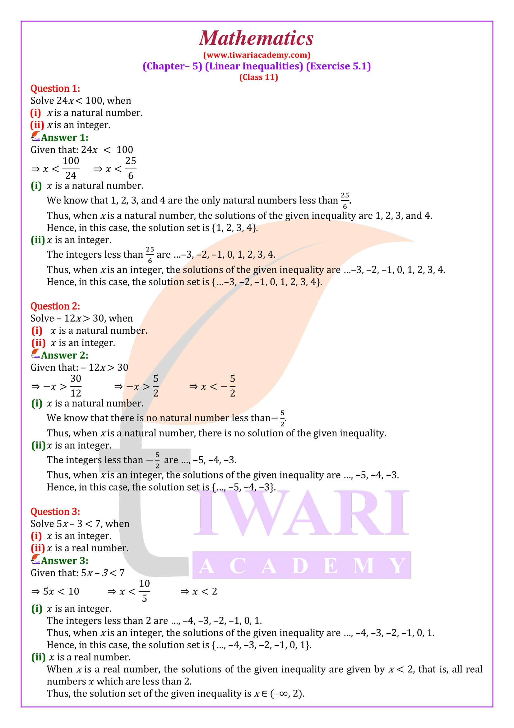 NCERT Solutions for Class 11 Maths Chapter 5 Exercise 5.1 in English medium