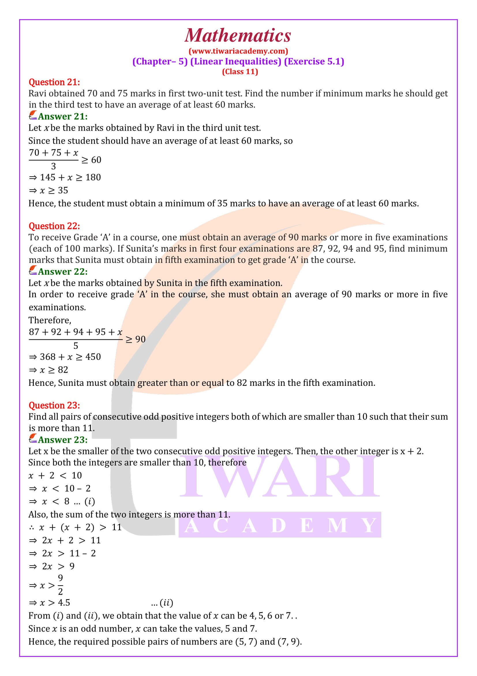 11th Maths ex. 5.1