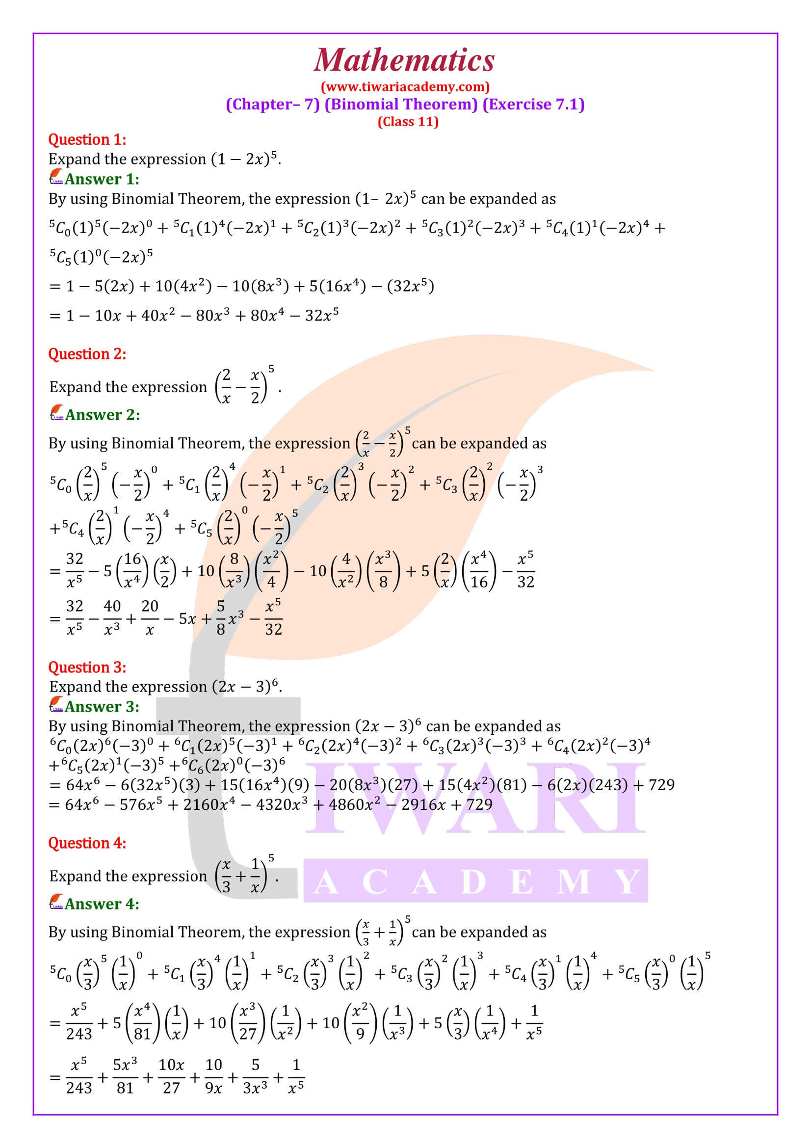 NCERT Solutions for Class 11 Maths Chapter 7 Exercise 7.1 in English Medium