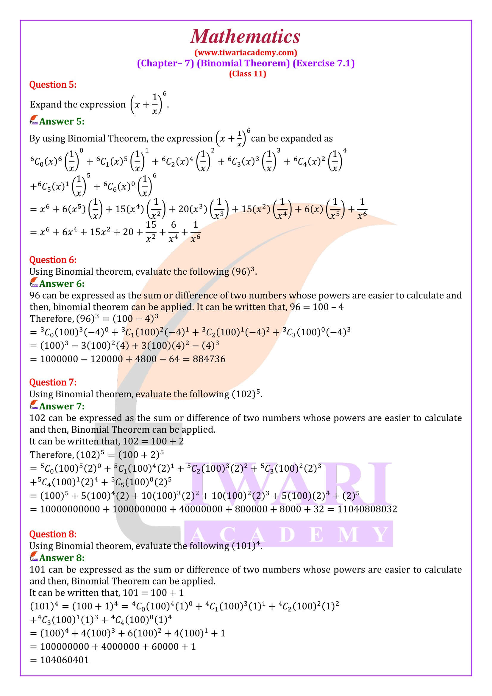 NCERT Solutions for Class 11 Maths Exercise 7.1