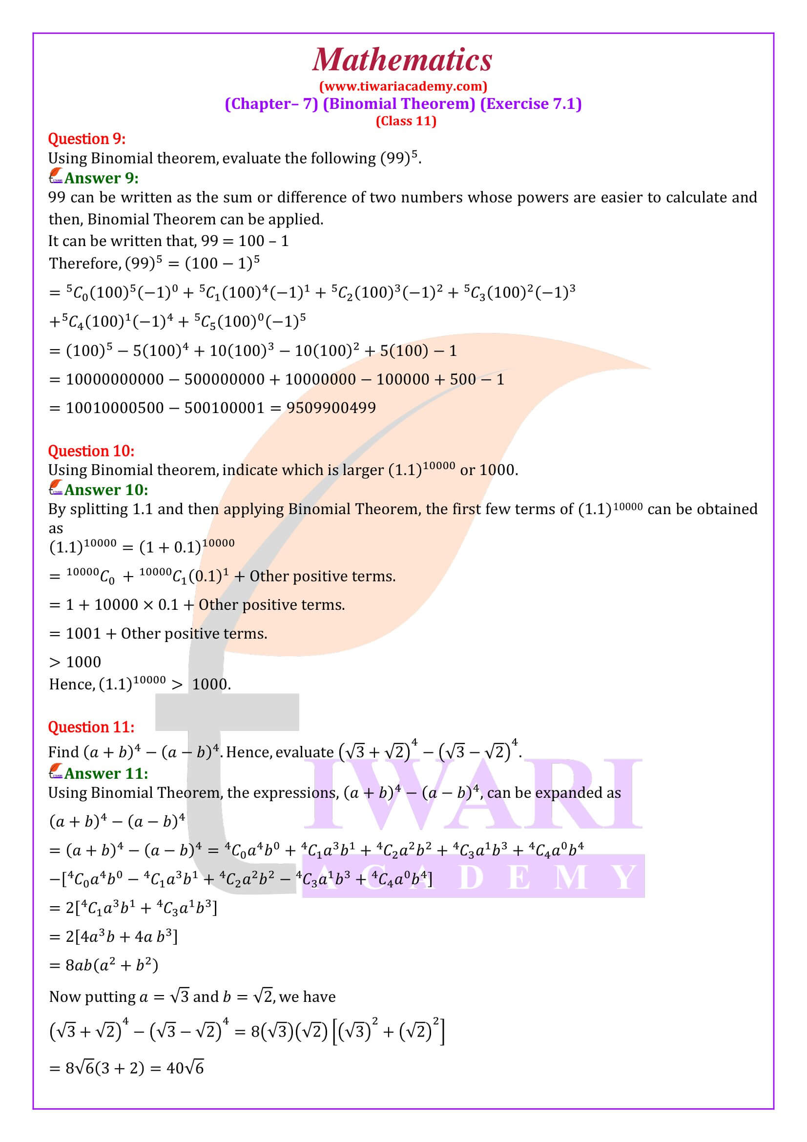 NCERT Solutions for Class 11 Maths Chapter 7.1