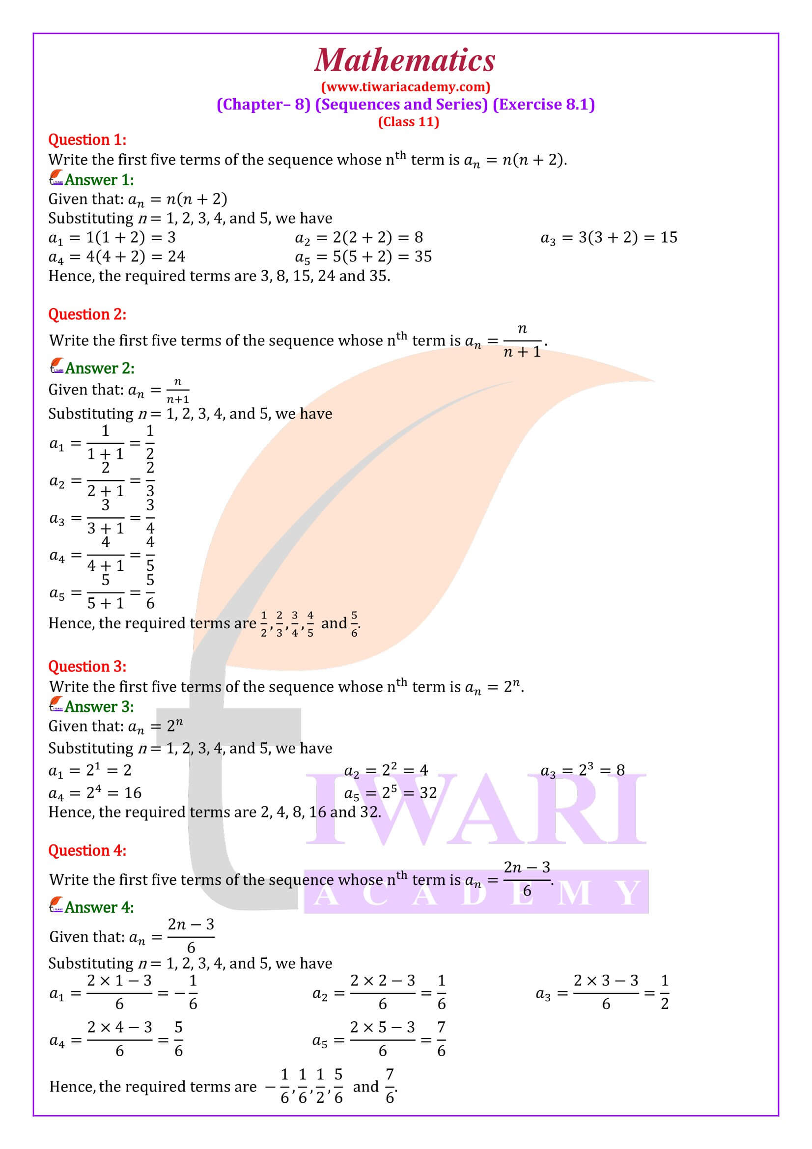 NCERT Solutions for Class 11 Maths Chapter 8 Exercise 8.1 in English Medium