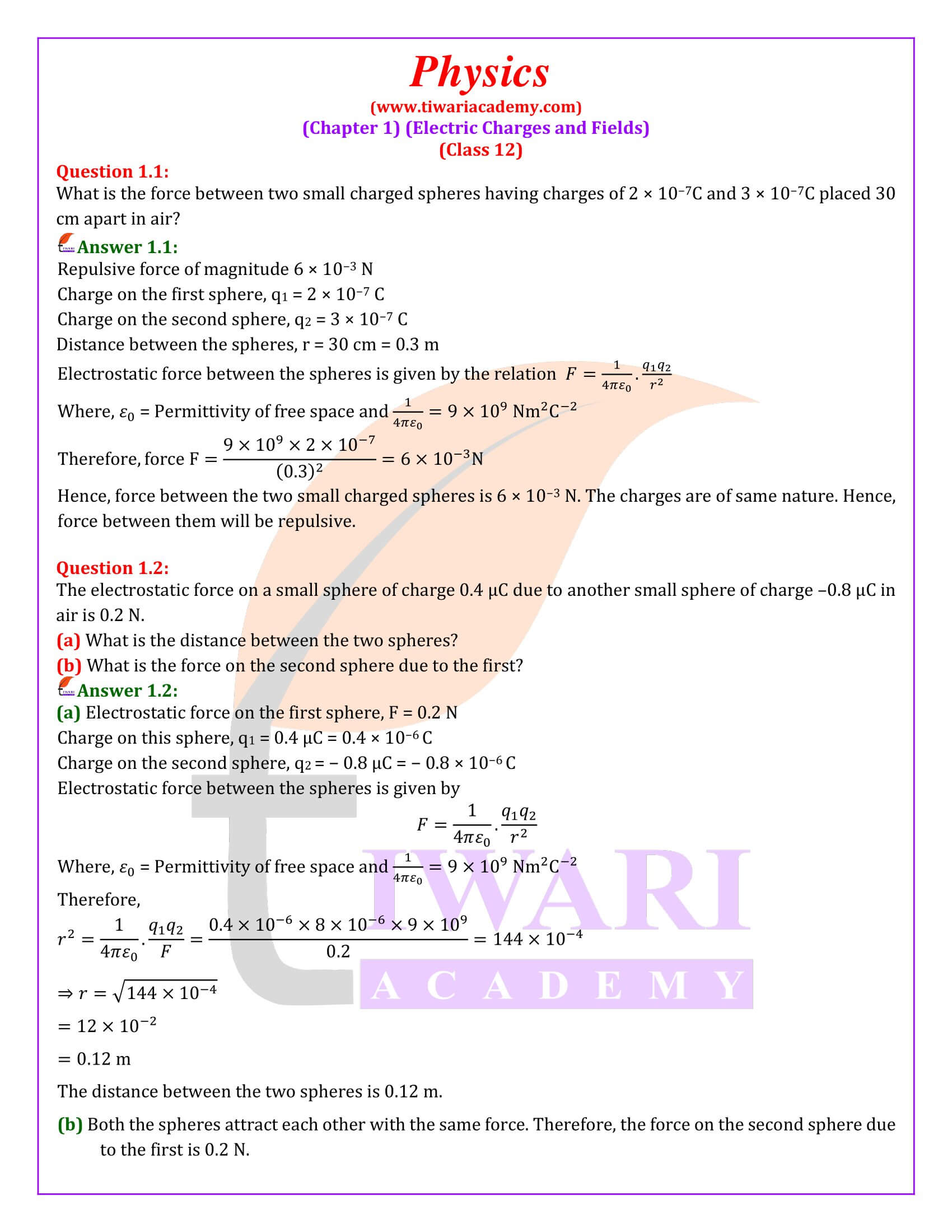 NCERT Solutions for Class 12 Physics Chapter 1 Electric Charges and Fields