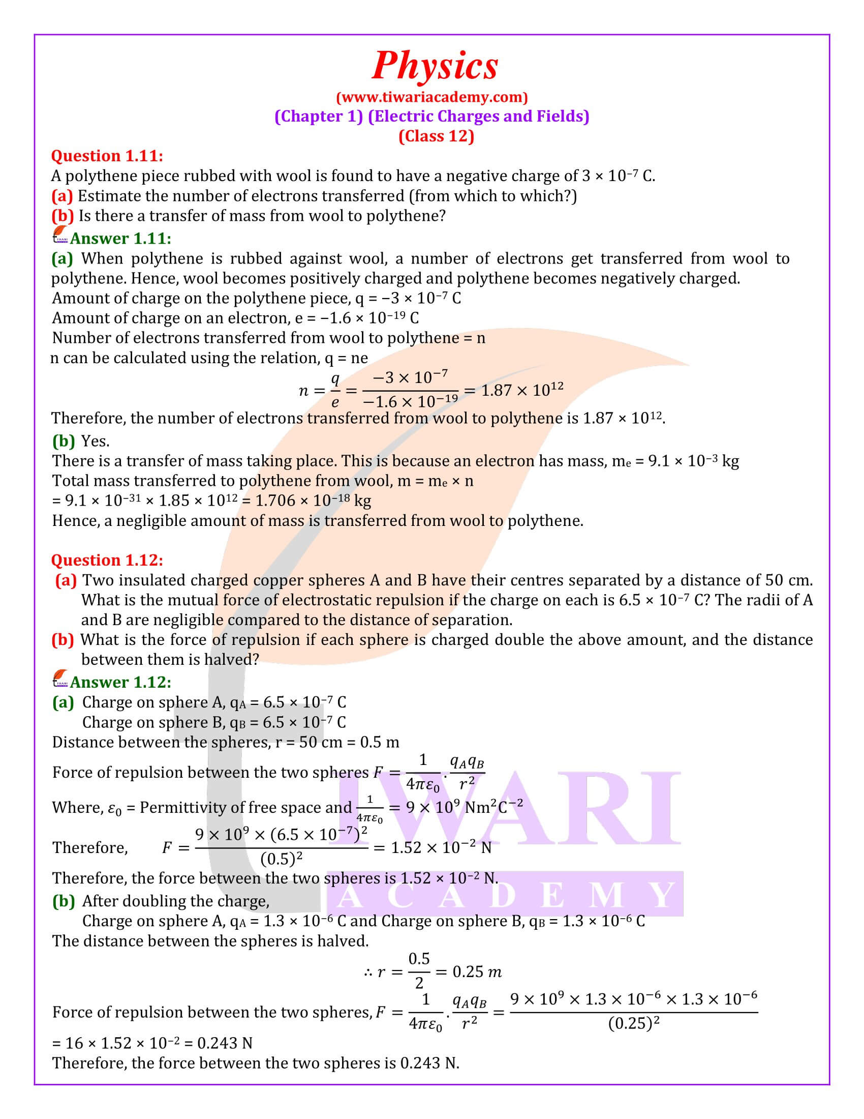 Class 12 Physics Chapter 1 Question Answers