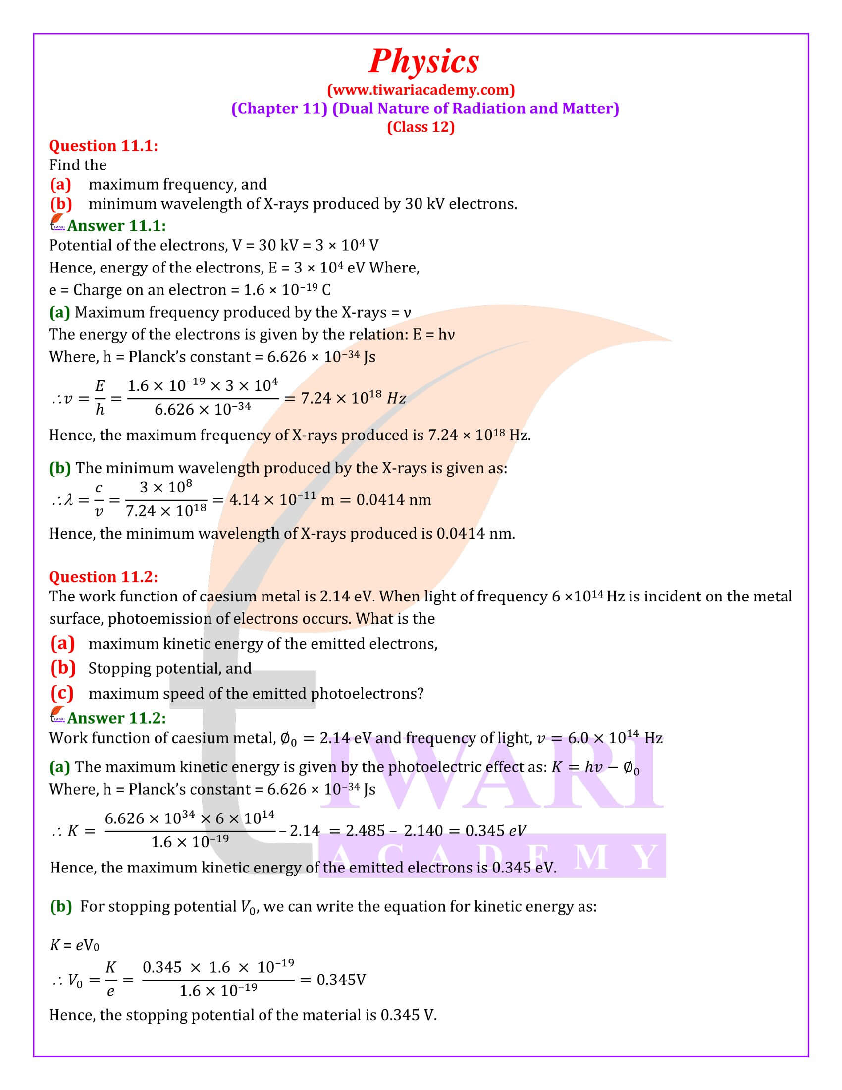NCERT Solutions for Class 12 Physics Chapter 11 Dual Nature of Radiation and Matter in English Medium