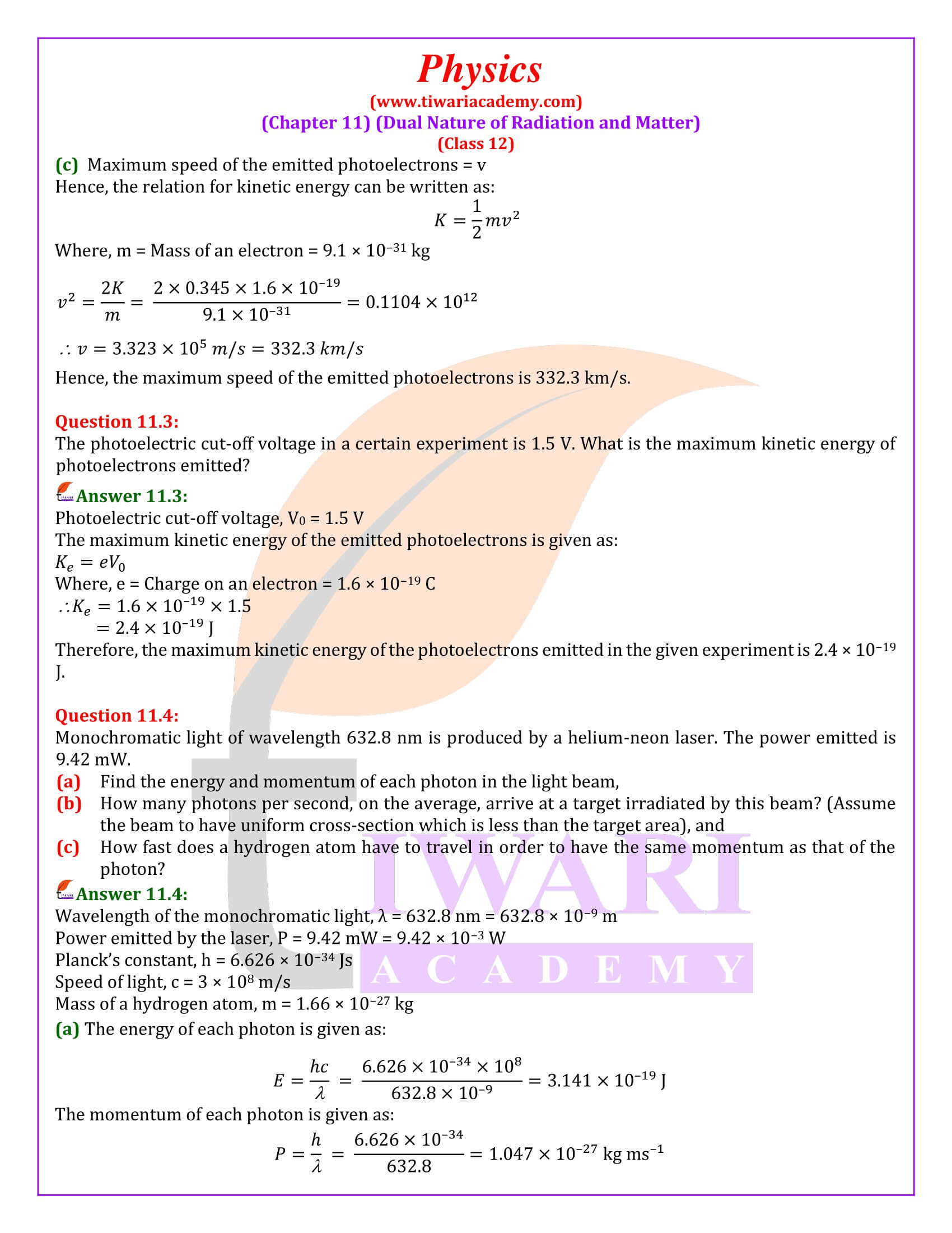 Class 12 Physics Chapter 11 Dual Nature of Radiation and Matter