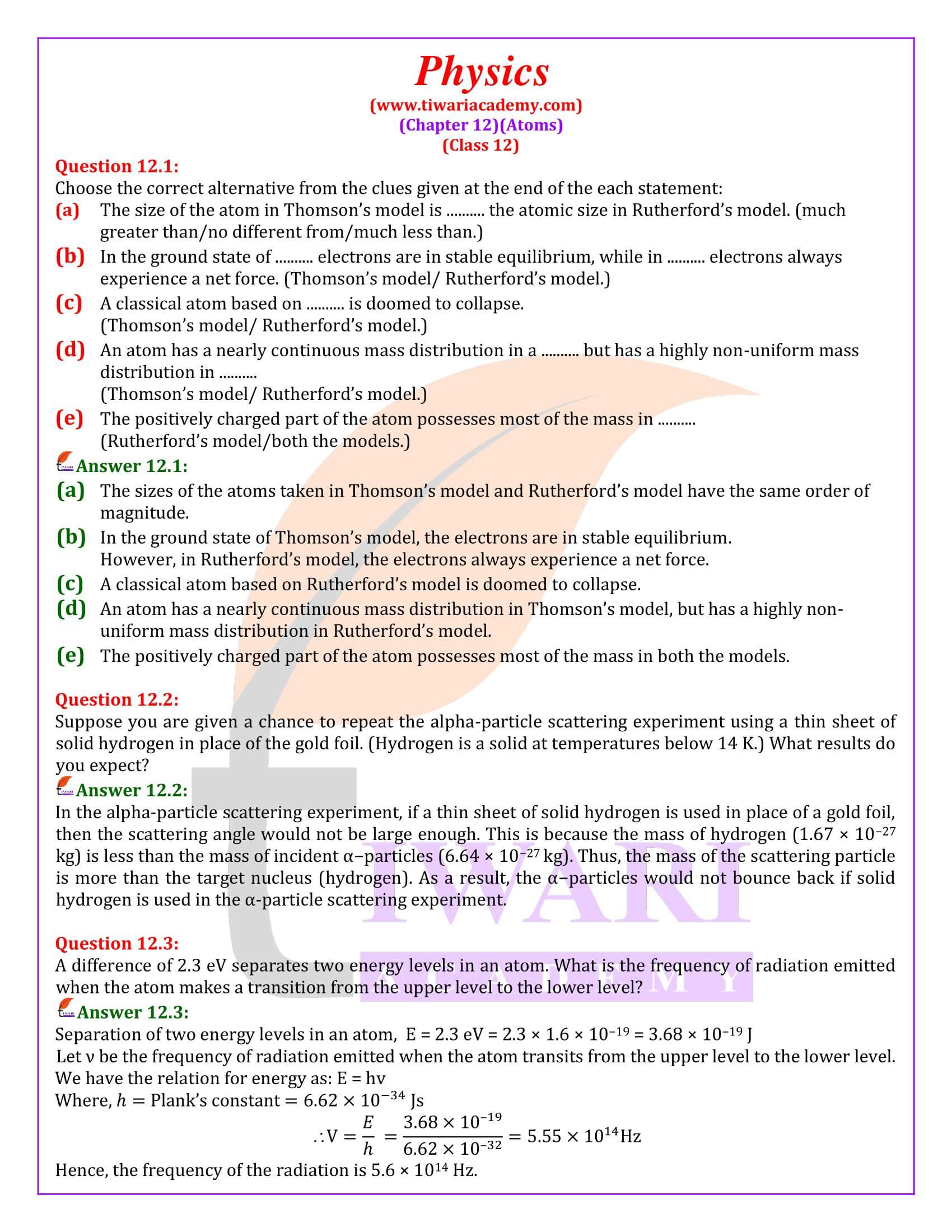 Class 12 Physics Chapter 12 Atom