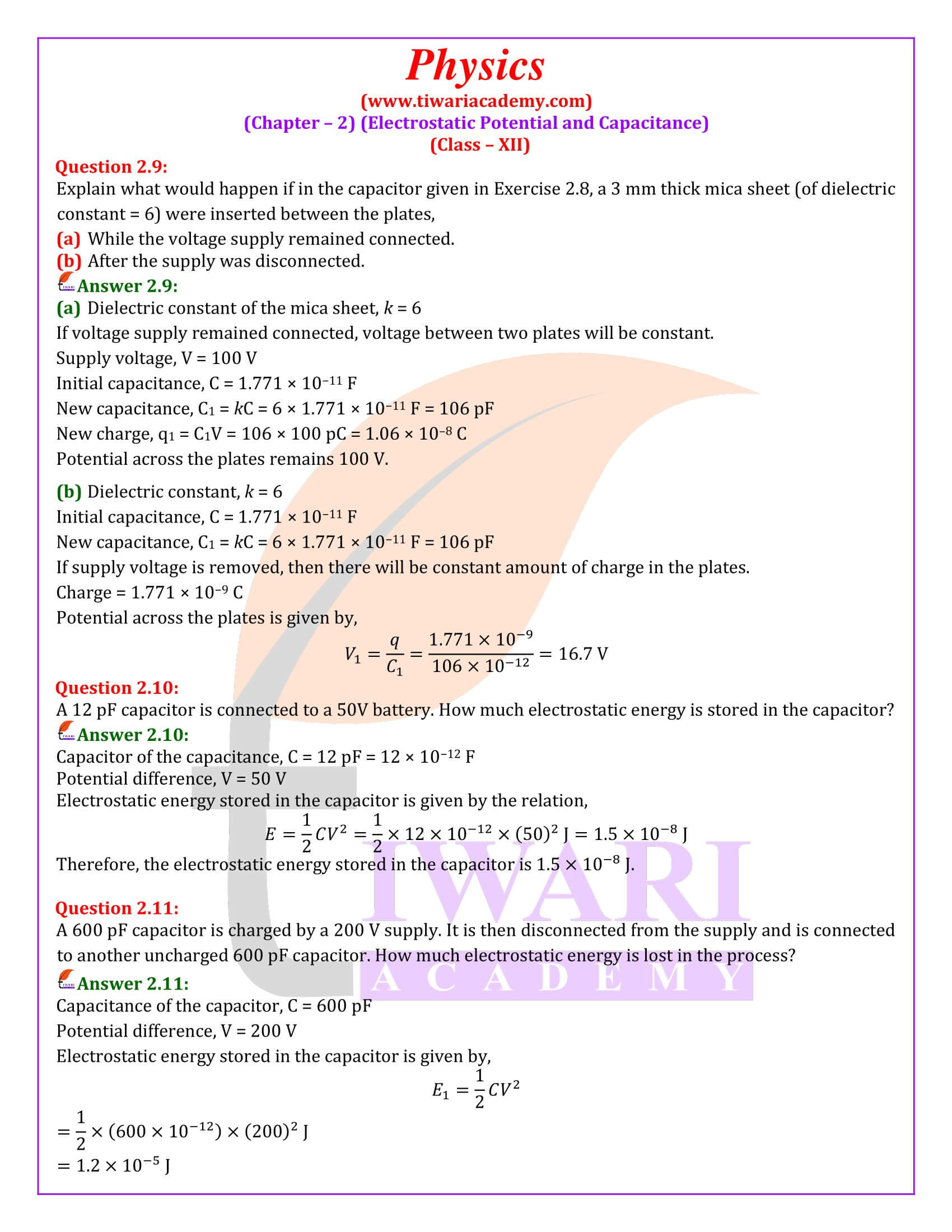 NCERT Solutions for Class 12 Physics Chapter 2 revised and modified