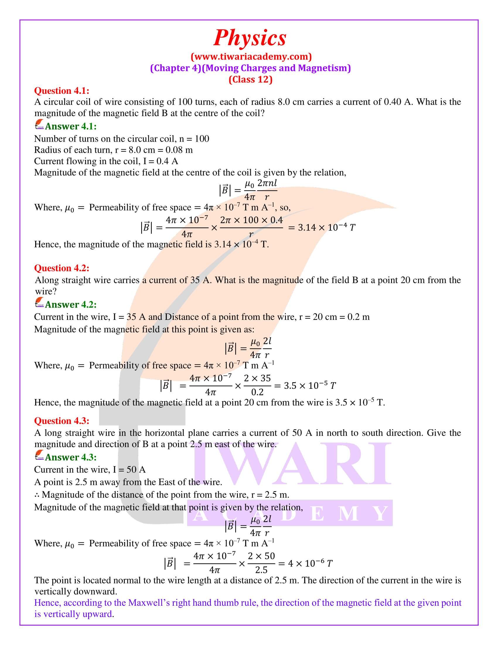 Class 12 Physics Chapter 4 Moving Charges and Magnetism