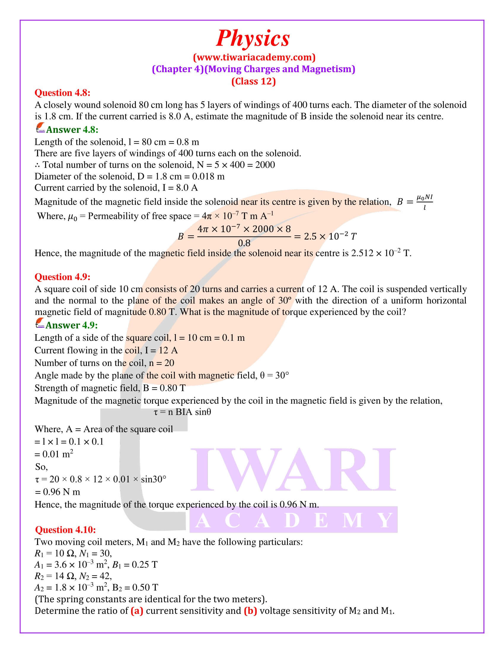 NCERT Solutions for Class 12 Physics Chapter 4 in English Medium