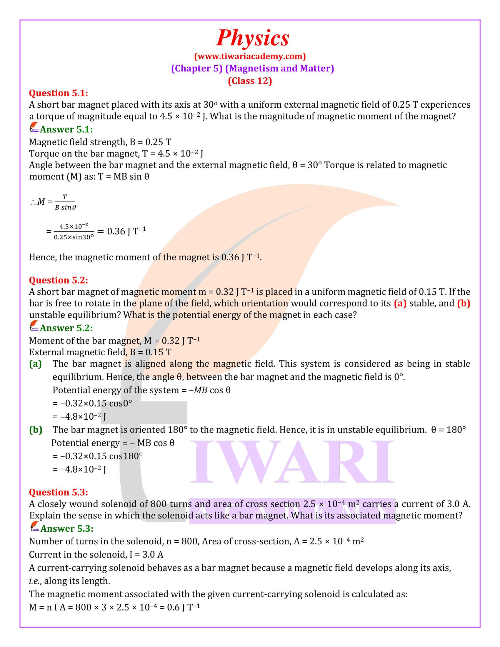 Class 12 Physics Chapter 5 Magnetism and Matter