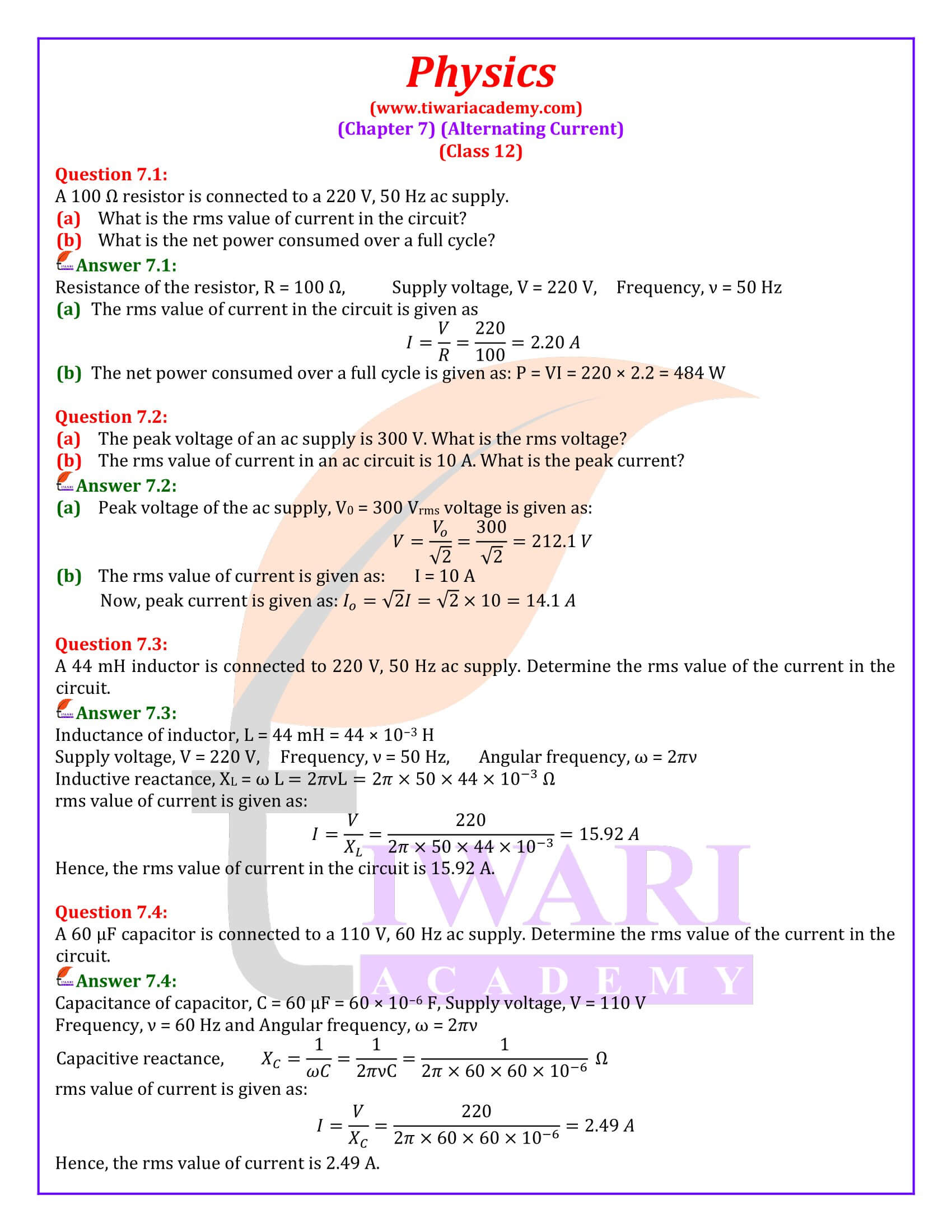 Class 12 Physics Chapter 7 Alternating Current