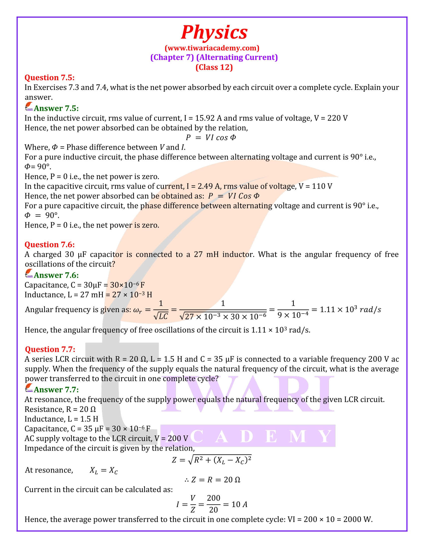 NCERT Solutions for Class 12 Physics Chapter 7