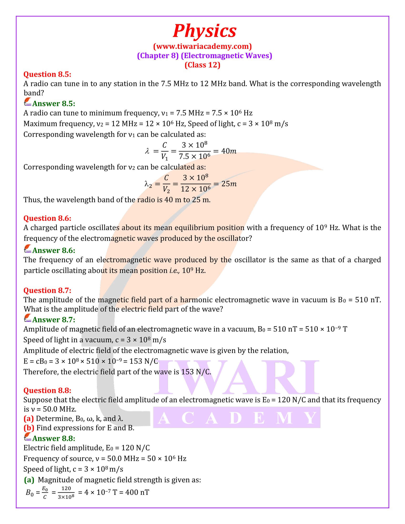NCERT Solutions for Class 12 Physics Chapter 8 in English Medium